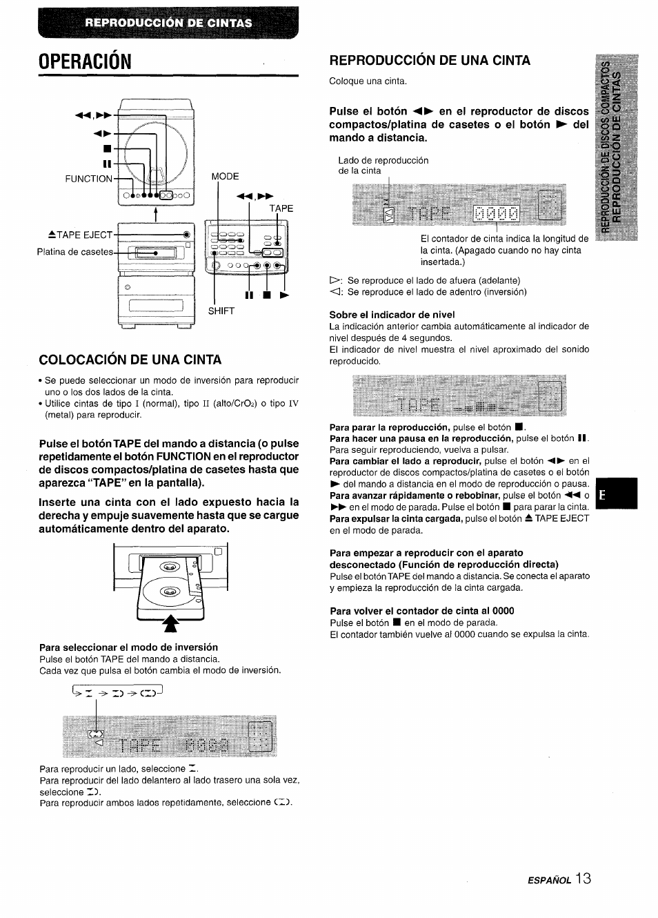 Operación, Colocacion de una cinta, Reproduccion de una cinta | Rí:: 8000, Reproducción de cintas | Aiwa XR-M88 User Manual | Page 37 / 76