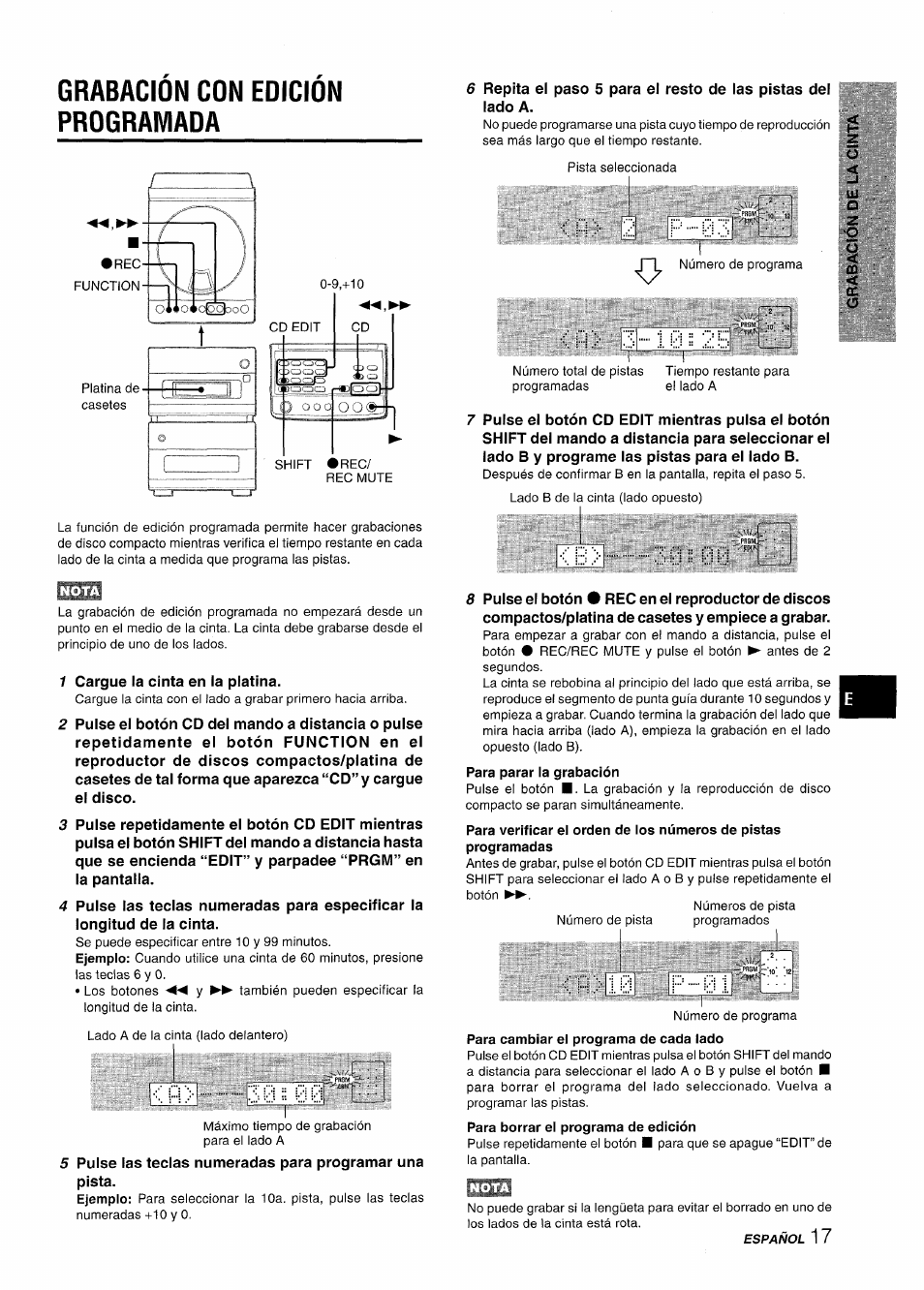 Grabacion con edición programada, Grabación con edición programada, I.-i | H> 2 p-:03, H> 3' ;; 2b bb, 0>10 p | Aiwa XR-M88 User Manual | Page 41 / 76