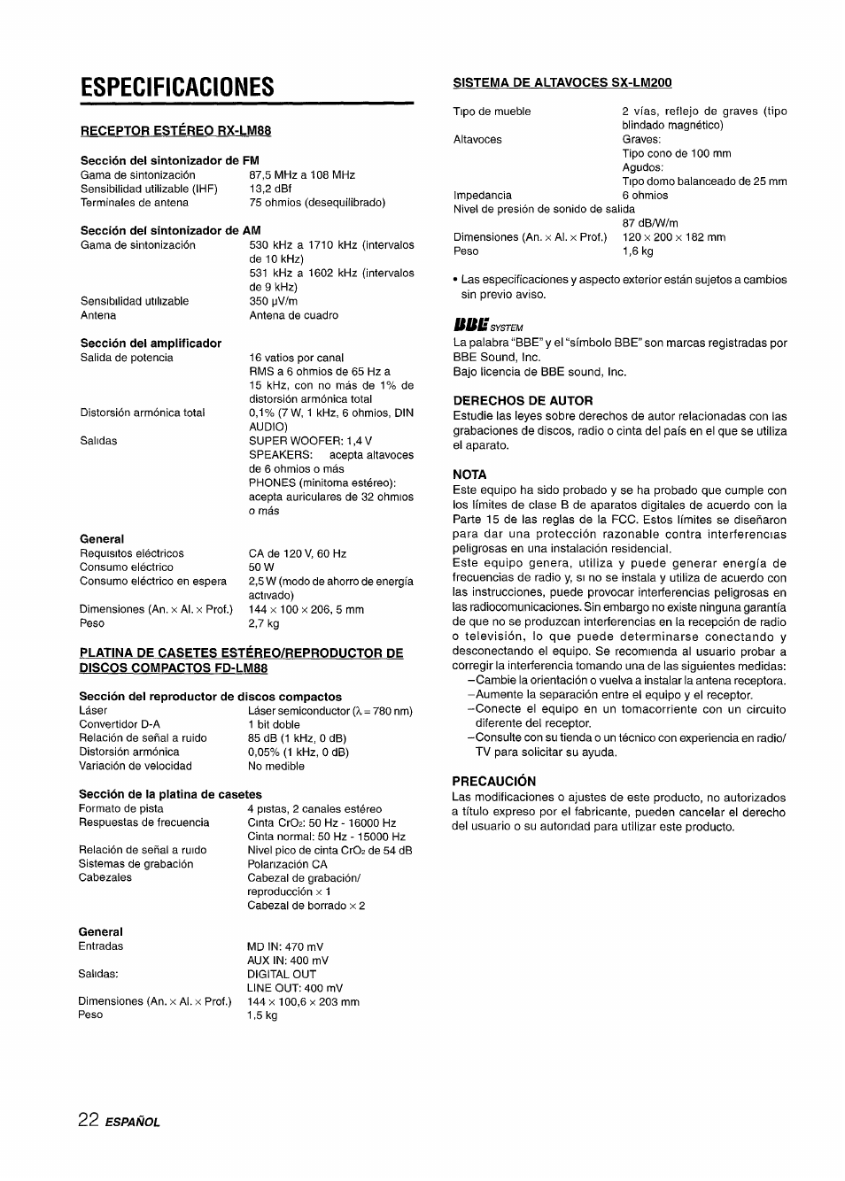 Especificaciones, Receptor estereo rx-lm88, Sección del sintonizador de fm | Sección del sintonizador de am, Sección del amplificador, General, Sección del reproductor de discos compactos, Sección de la platina de casetes, Sistema de altavoces sx-lm200, Derechos de autor | Aiwa XR-M88 User Manual | Page 46 / 76