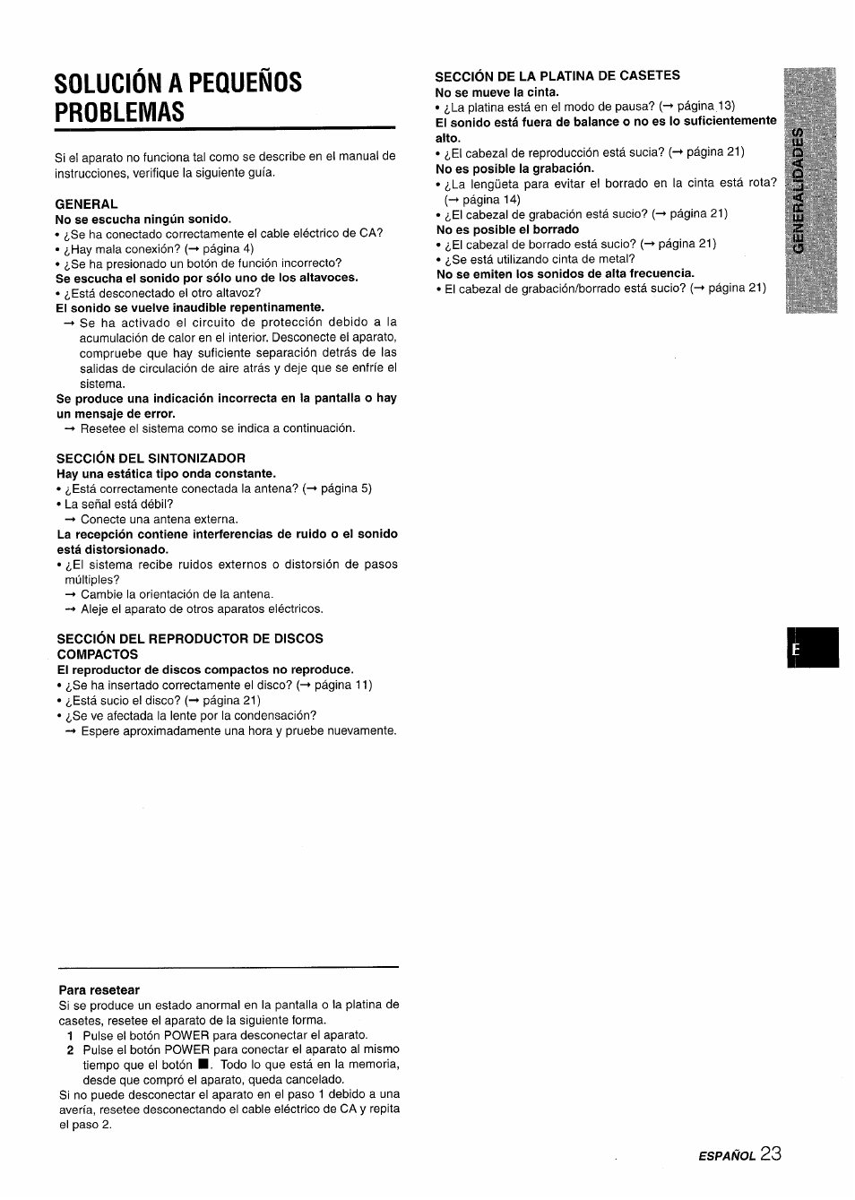 Solución a pequeños problemas, Para resetear | Aiwa XR-M88 User Manual | Page 47 / 76