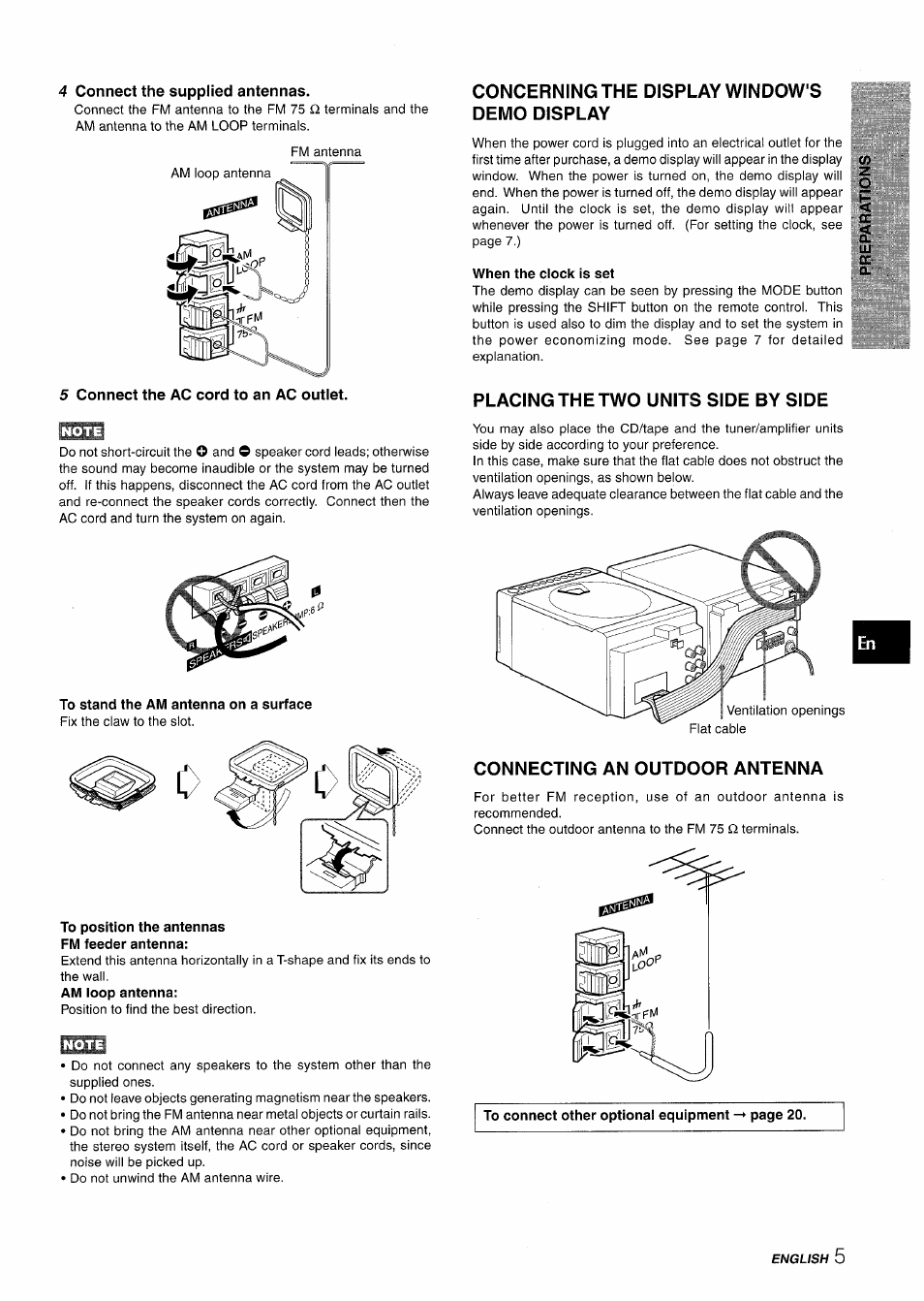 4 connect the supplied antennas, 5 connect the ac cord to an ac outlet, To stand the am antenna on a surface | To position the antennas fm feeder antenna, Concerning the display window's demo display, When the clock is set, Placing the two units side by side, Connecting an outdoor antenna | Aiwa XR-M88 User Manual | Page 5 / 76