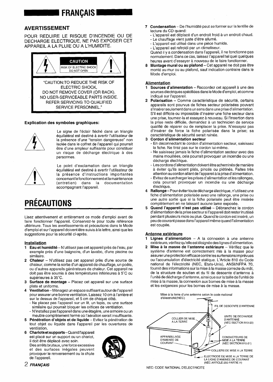 Français, Avertissement, Caution | Explication des symboles graphiques, Precautions, Installation, Alimentation, 3 cordon d’alimentation secteur, Antenne extérieure, Precauciones | Aiwa XR-M88 User Manual | Page 50 / 76