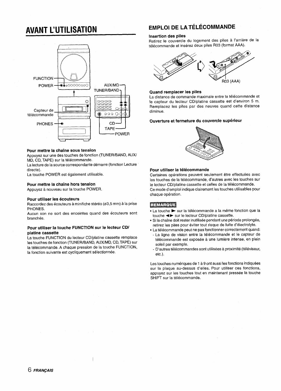 Avant l’utilisation, Pour mettre la chaîne sous tension, Pour mettre la chaîne hors tension | Pour utiliser les écouteurs, Emploi de la télécommande, Insertion des piles, Quand remplacer les piles, Ouverture et fermeture du couvercle supérieur, Pour utiliser la télécommande | Aiwa XR-M88 User Manual | Page 54 / 76