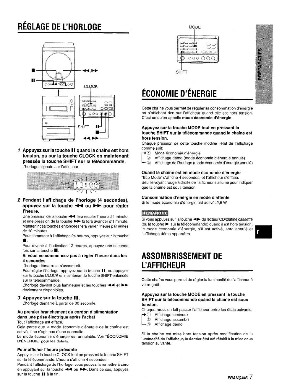 Reglage oe l’horloge, 3 appuyez sur la touche ii, Pour afficher l’heure présente | Economie d’energie, Quand la chaîne est en mode économie d’énergie, Consommation d’énergie en mode d’attente, Assombrissement de l’afficheur, Réglage de l’horloge économie d’énergie | Aiwa XR-M88 User Manual | Page 55 / 76