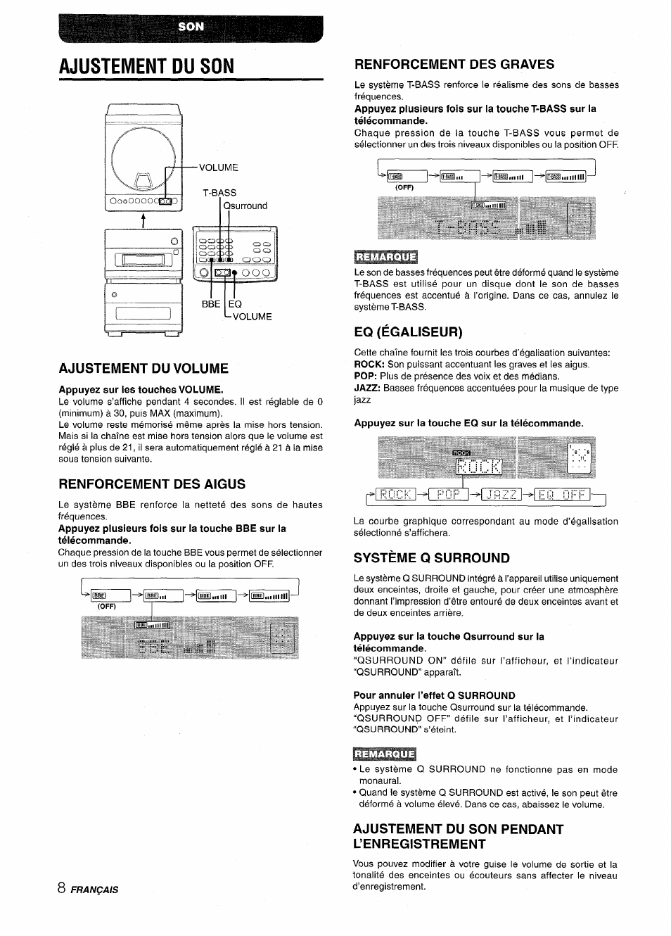 Ajustement du son, Ajustement du volume, Renforcement des aigus | Renforcement des graves, Eq (égaliseur), Appuyez sur la touche eq sur la télécommande, Système q surround, Pour annuler l’effet q surround, Ajustement du son pendant l’enregistrement | Aiwa XR-M88 User Manual | Page 56 / 76