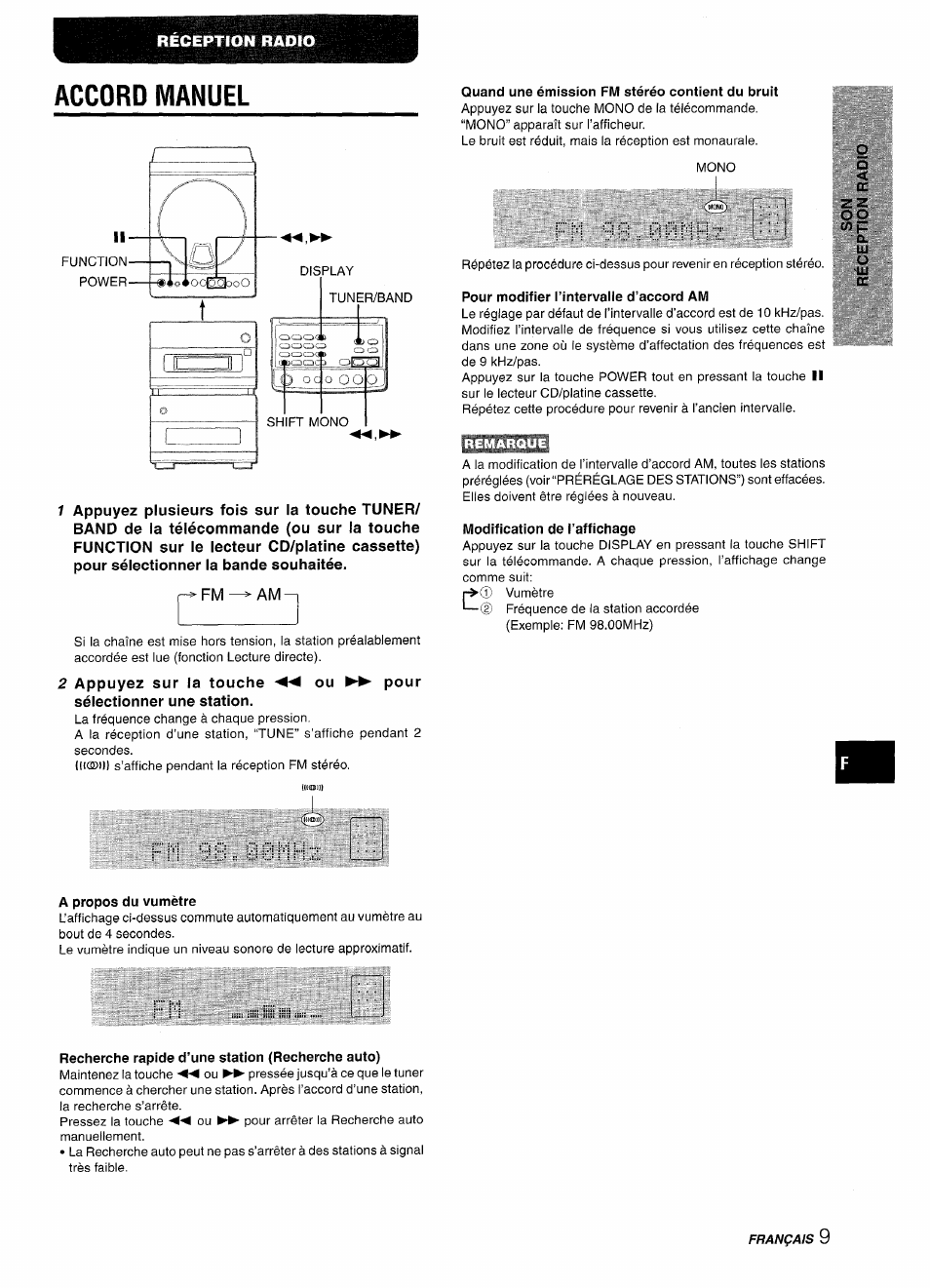 Accord manuel, Quand une émission fm stéréo contient du bruit, Pour modifier l’intervalle d’accord am | Modification de l’affichage, A propos du vumètre, Recherche rapide d’une station (recherche auto), 0 0 m i | Aiwa XR-M88 User Manual | Page 57 / 76