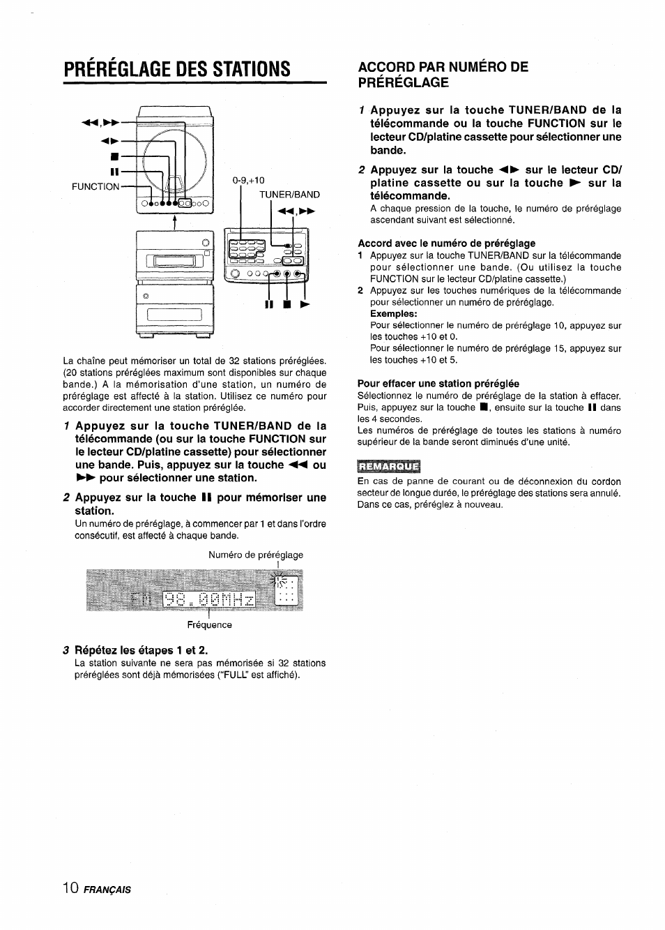 Accord par numéro de préréglage, Accord avec le numéro de préréglage, Pour effacer une station préréglée | Prereglage des stations, F m . 9 0 . 0 0 m h | Aiwa XR-M88 User Manual | Page 58 / 76