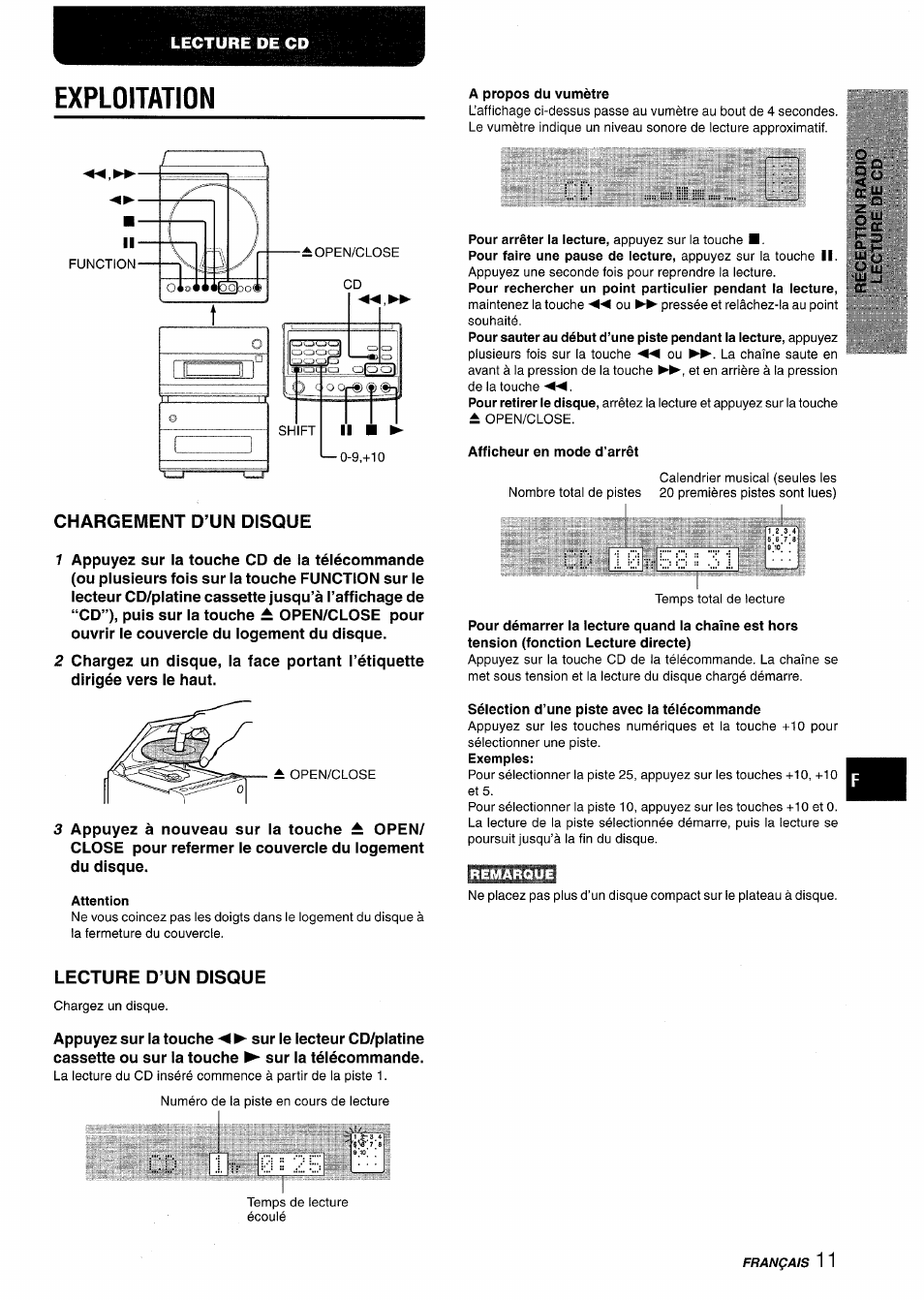Exploitation, Chargement d’un disque, A propos du vumètre | Afficheur en mode d’arrêt, Sélection d’une piste avec la télécommande, Lecture d’un disque, Cd 3i.îv 0::2b :c.3, S |s | Aiwa XR-M88 User Manual | Page 59 / 76