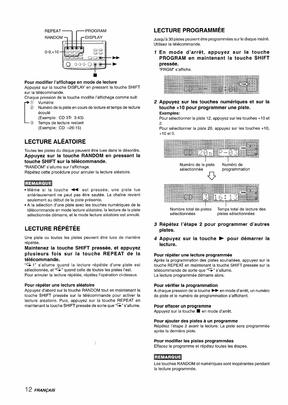 Pour modifier i’affichage en mode de iecture, Lecture aléatoire, Lecture repetee | Pour répéter une lecture aléatoire, Lecture programmee, Pour répéter une lecture programmée, Pour vérifier la programmation, Pour effacer un programme, Pour ajouter des pistes à un programme, Pour modifier les pistes programmées | Aiwa XR-M88 User Manual | Page 60 / 76