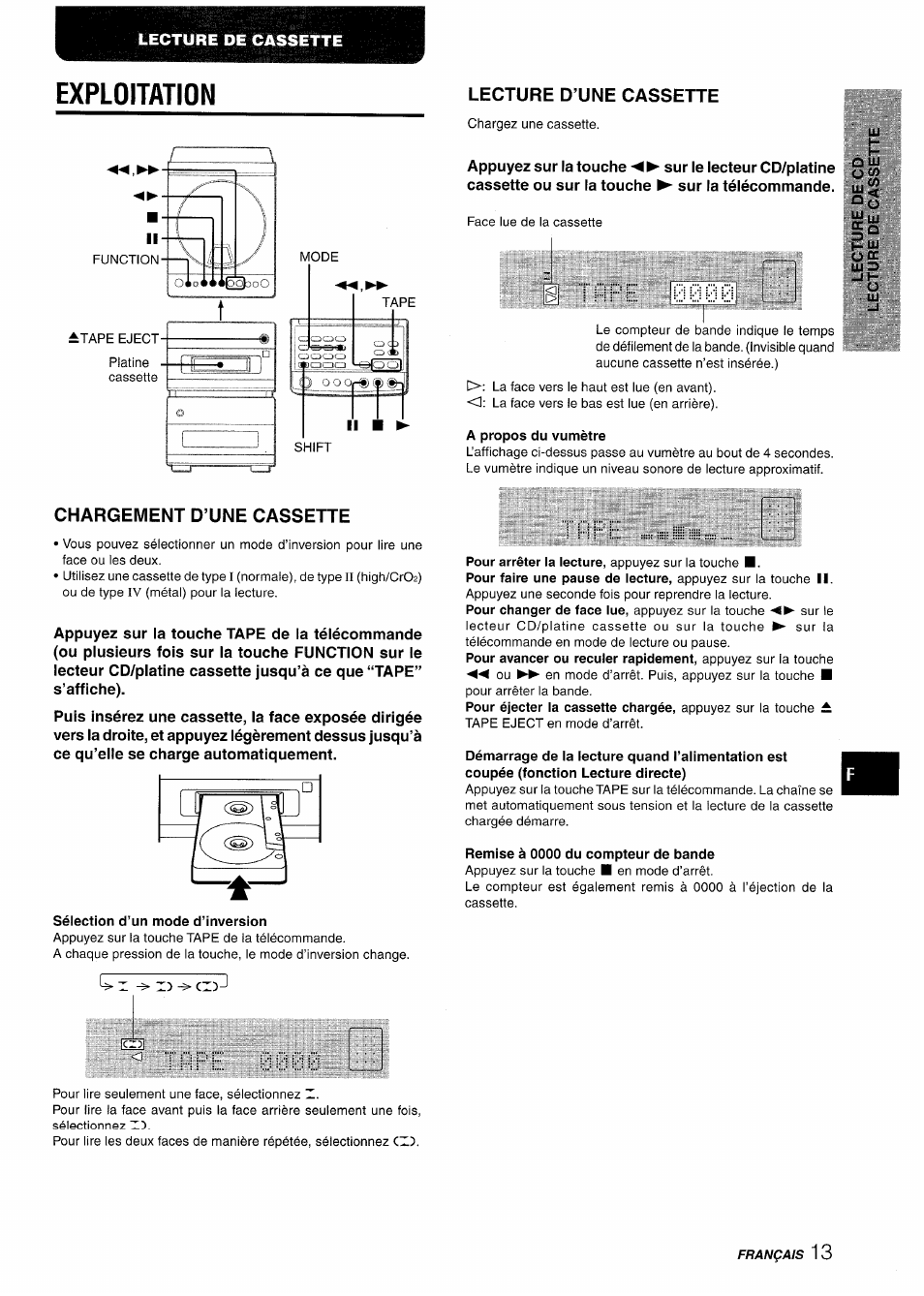 Exploitation, Chargement d’une cassette, Sélection d’un mode d’inversion | Lecture d’une cassette, A propos du vumètre, Remise à 0000 du compteur de bande, Т и р е, И р е | Aiwa XR-M88 User Manual | Page 61 / 76