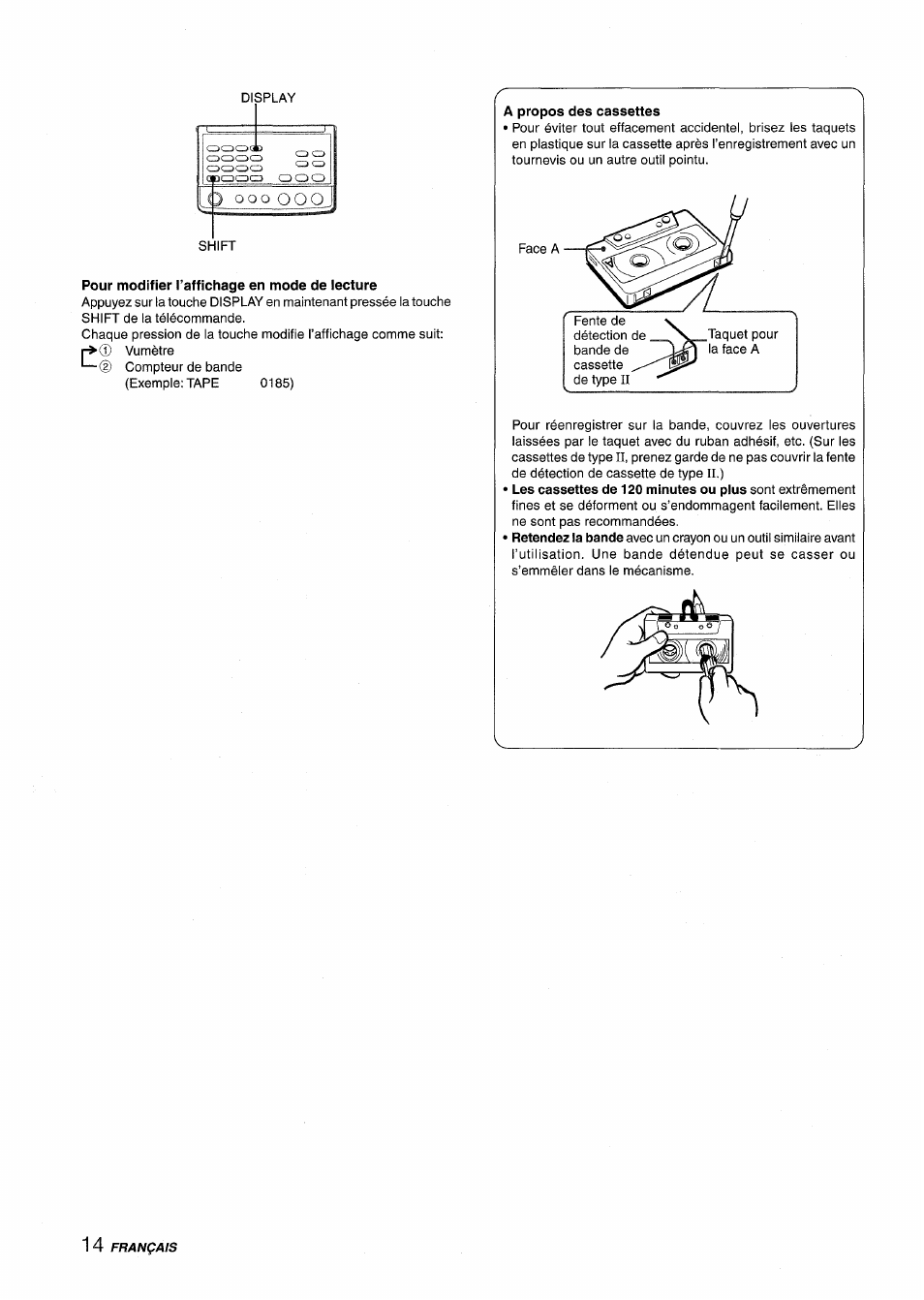 Pour modifier l’affichage en mode de lecture, A propos des cassettes | Aiwa XR-M88 User Manual | Page 62 / 76
