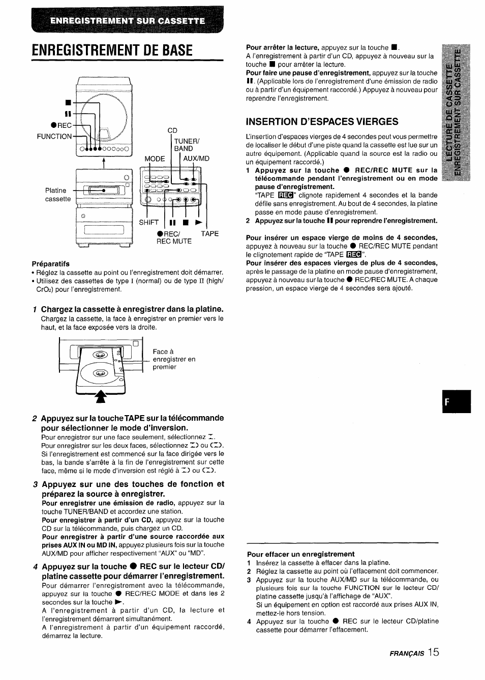 Enregistrement de base, Préparatifs, Insertion d’espaces vierges | Enregistrement sur cassette | Aiwa XR-M88 User Manual | Page 63 / 76