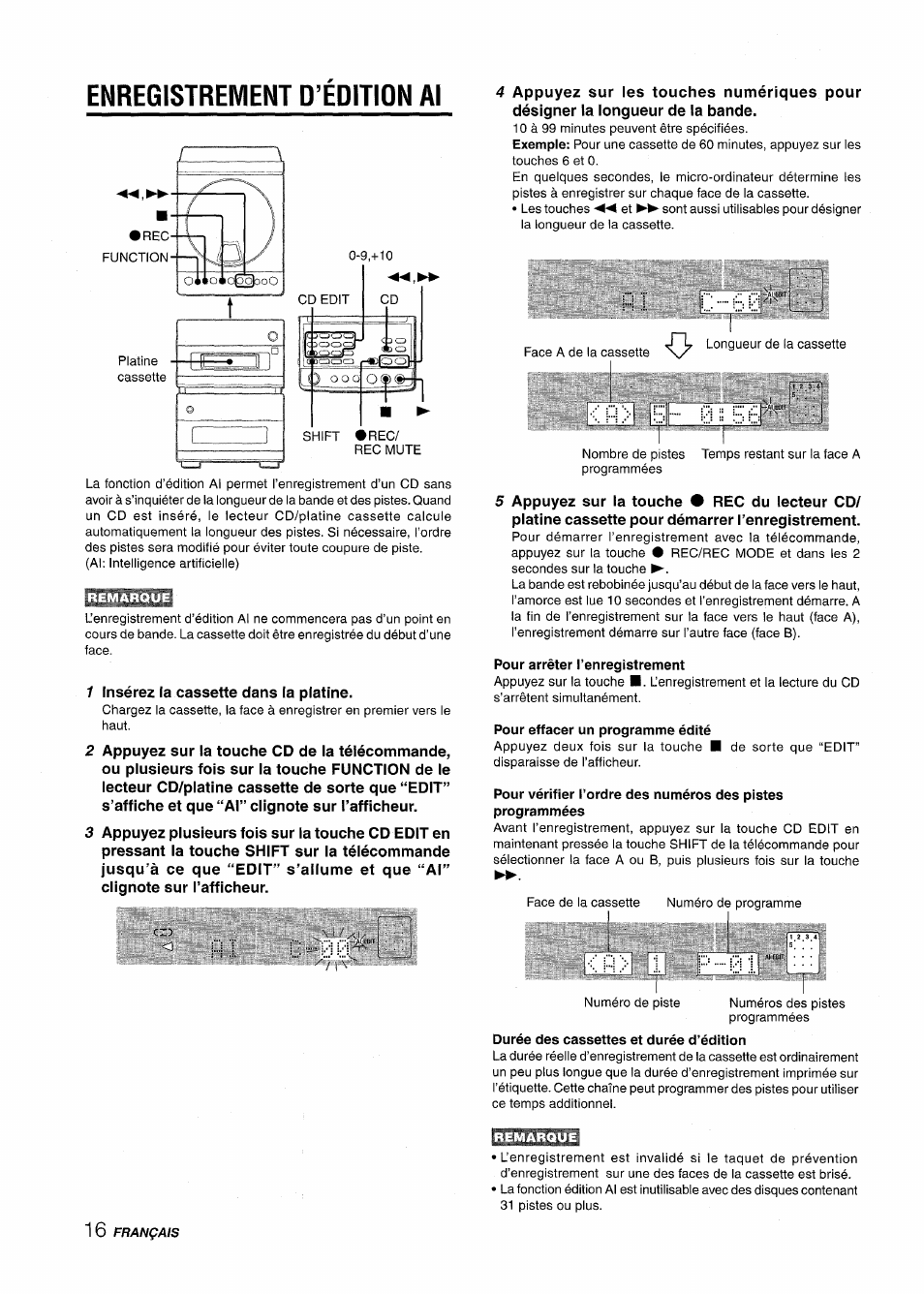 Enregistrement d’edition al, Pour arrêter l’enregistrement, Pour effacer un programme édité | Enregistrement de base, B i s, P > i p ...........b i | Aiwa XR-M88 User Manual | Page 64 / 76