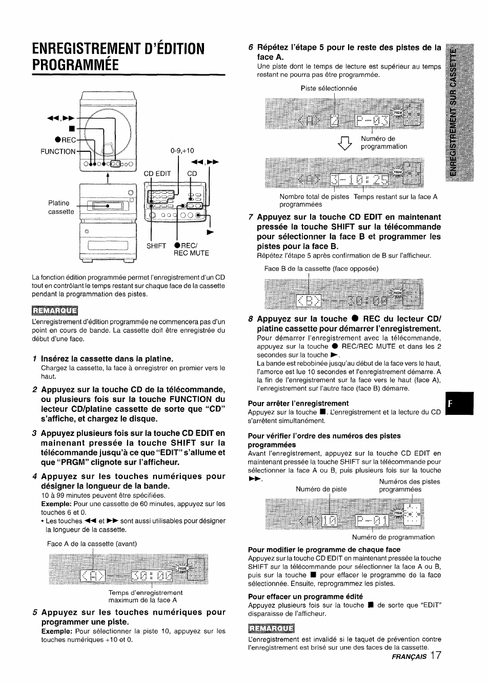 Enregistrement d’edition programmée, Pour arrêter l’enregistrement, Enregistrement d’édition al | P > l 0 p ì | Aiwa XR-M88 User Manual | Page 65 / 76