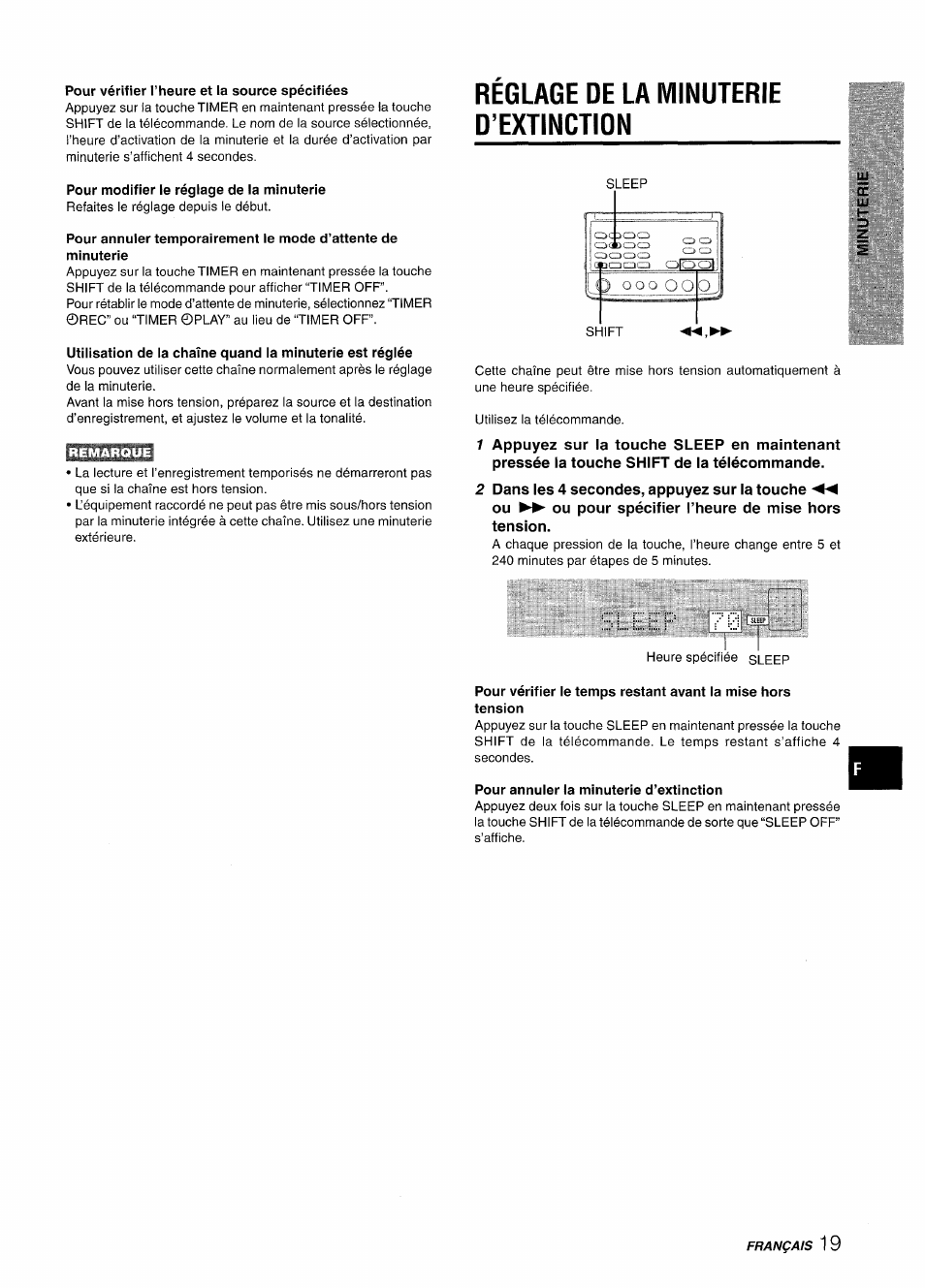Pour vérifier i’heure et ia source spécifiées, Pour modifier ie réglage de la minuterie, Reglage de la minuterie d’extinction | Pour annuler la minuterie d’extinction, Réglage de la minuterie d’extinction | Aiwa XR-M88 User Manual | Page 67 / 76