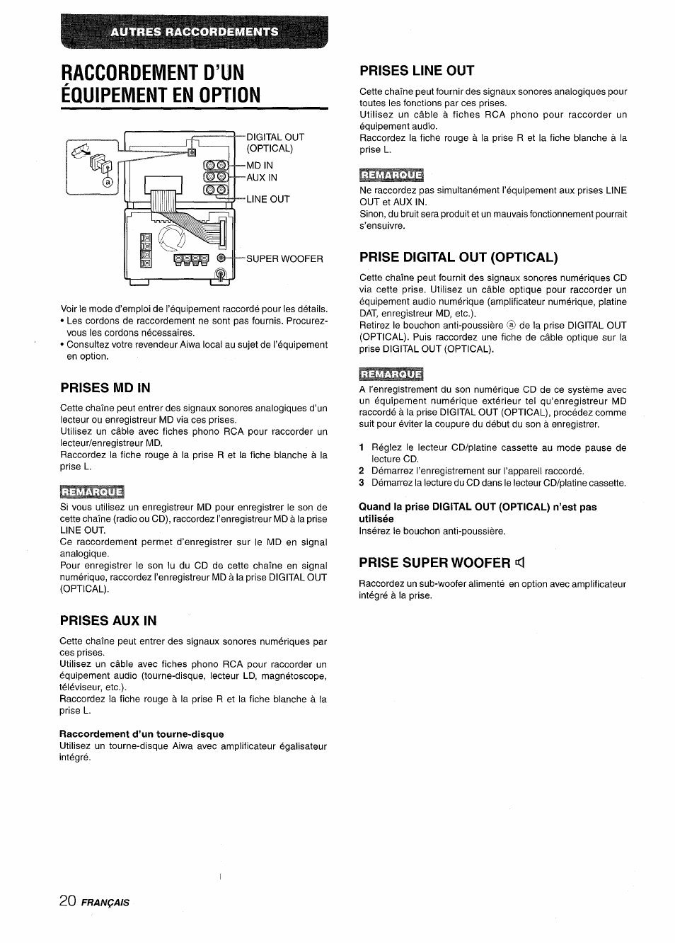 Raccordement d’un éouipement en option, Prises md in, Prises aux in | Prises line out, Prise digital out (optical), Prise super woofer il | Aiwa XR-M88 User Manual | Page 68 / 76