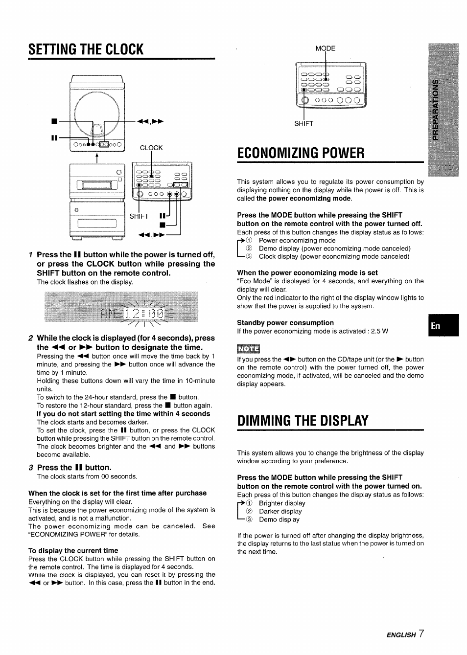 Sehing the clock, 3 press the ii button, To display the current time | Economizing power, When the power economizing mode is set, Standby power consumption, Dimming the display, Zo g | Aiwa XR-M88 User Manual | Page 7 / 76