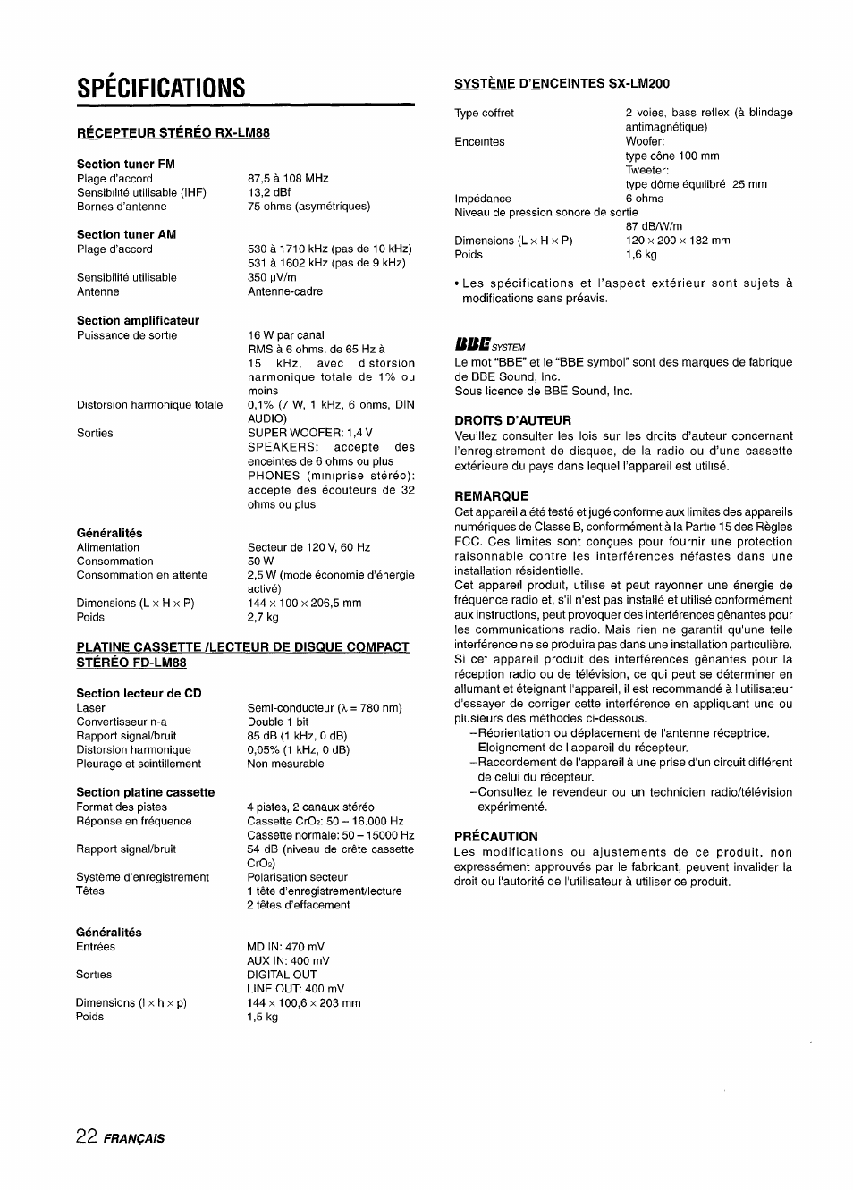 Specifications, Récepteur stéréo rx-lm88, Section lecteur de cd | Section platine cassette, Systeme d’enceintes sx-lm200, Droits d’auteur, Remarque, Précaution, Généralités, Spécifications | Aiwa XR-M88 User Manual | Page 70 / 76