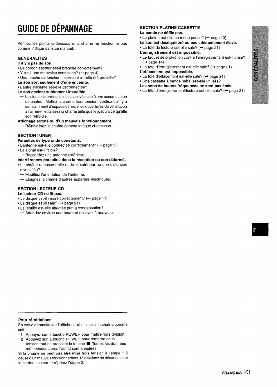 Guide de depannage, Pour réinitialiser, Guide de dépannage | Aiwa XR-M88 User Manual | Page 71 / 76