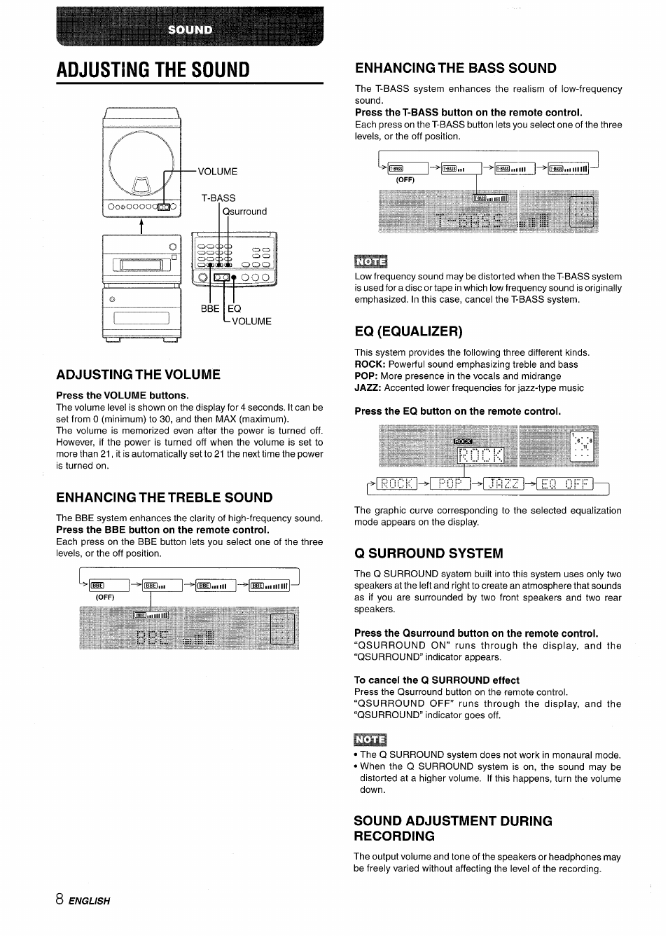 Adjusting the sound, Adjusting the volume, Press the volume buttons | Enhancing the treble sound, Enhancing the bass sound, Eq (equalizer), Press the eq button on the remote control, Q surround system, Press the qsurround button on the remote control, To cancel the q surround effect | Aiwa XR-M88 User Manual | Page 8 / 76