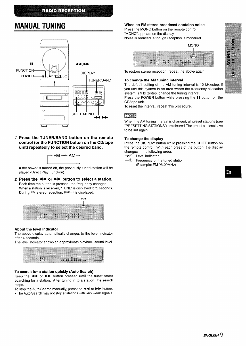 Manual tuning, Press the ◄◄ or ►► button to select a station, When an fm stereo broadcast contains noise | To change the am tuning interval, To change the display, About the level indicator, To search for a station quickly (auto search), F m 9 8 . 0 0 m h z, F m 9 8 : : 0 0 m h z | Aiwa XR-M88 User Manual | Page 9 / 76