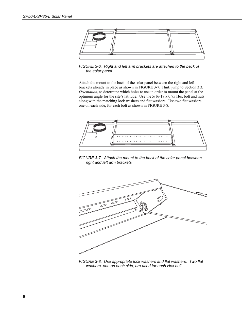 Panel, And left arm brackets, One on each side, are used for each hex bolt | Campbell Scientific SP50-L/SP85-L Solar Panel User Manual | Page 12 / 26