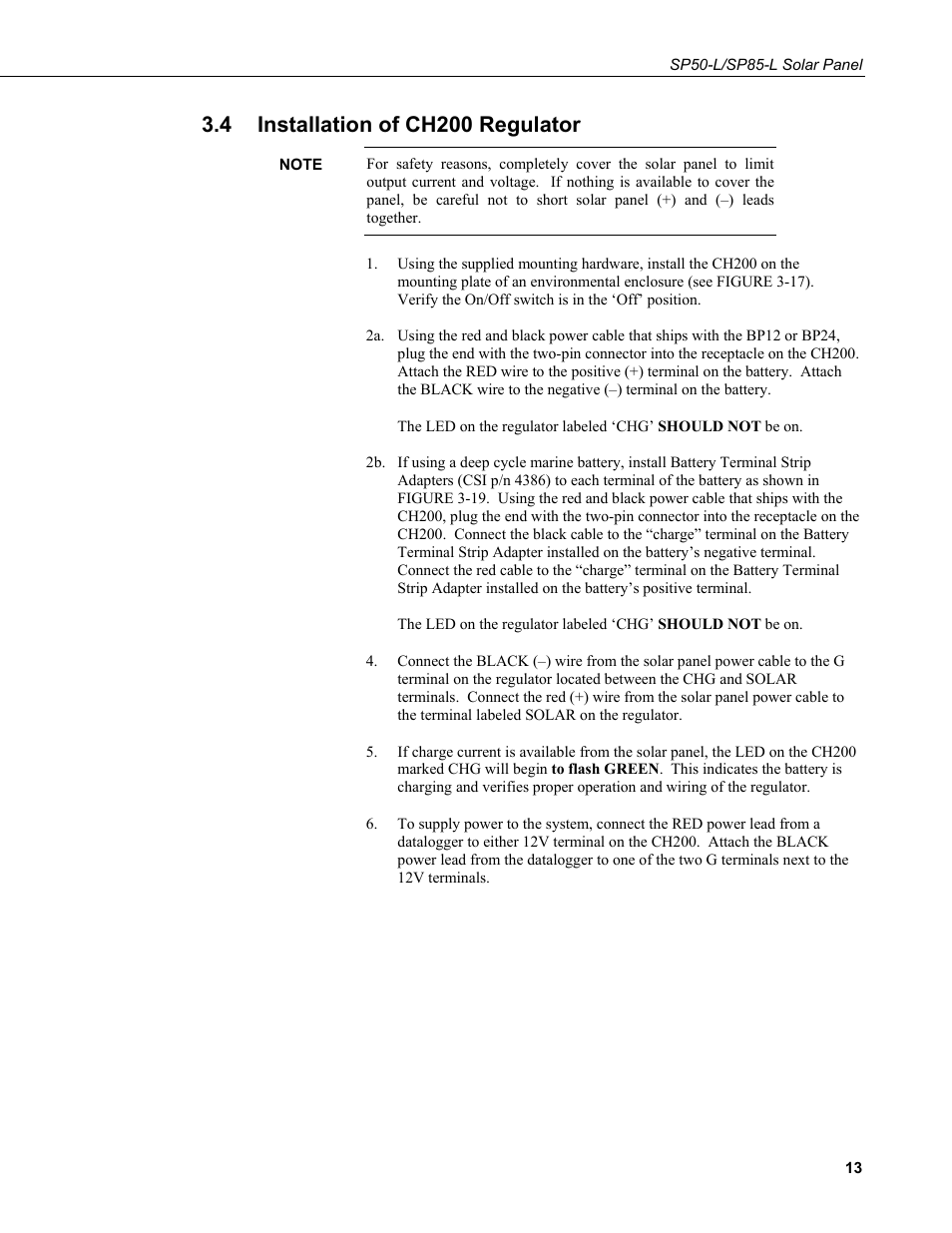 4 installation of ch200 regulator, Installation of ch200 regulator | Campbell Scientific SP50-L/SP85-L Solar Panel User Manual | Page 19 / 26