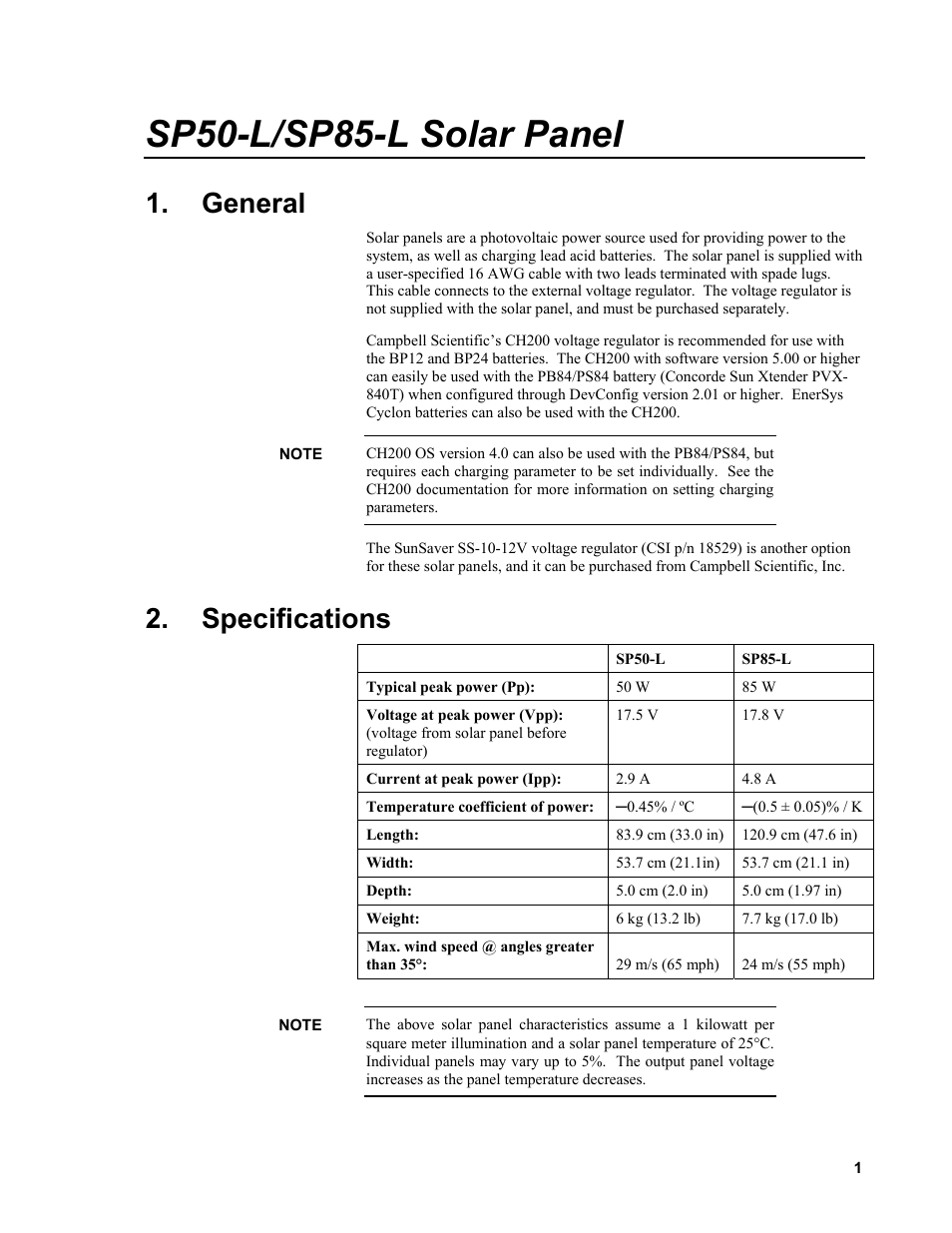 General, Specifications, Sp50-l/sp85-l solar panel | Campbell Scientific SP50-L/SP85-L Solar Panel User Manual | Page 7 / 26