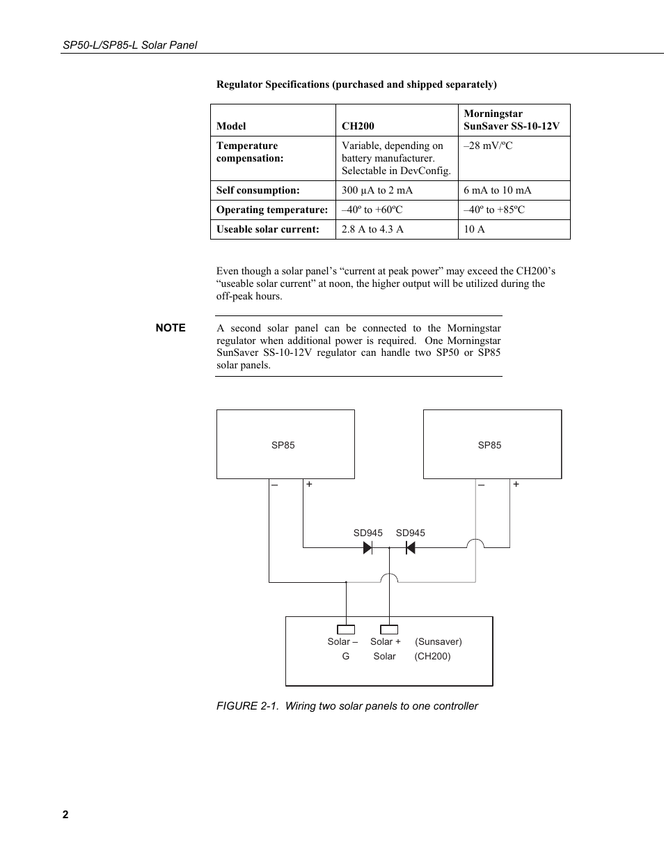 1. wiring two solar panels to one controller | Campbell Scientific SP50-L/SP85-L Solar Panel User Manual | Page 8 / 26