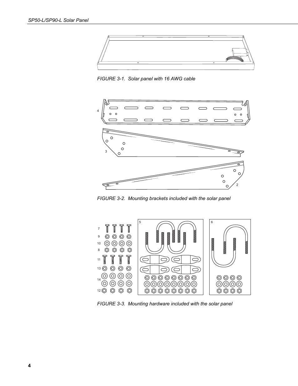 1. solar panel with 16 awg cable, 2. mounting brackets included with the solar panel, 3. mounting hardware included with the solar panel | Campbell Scientific SP50-L/SP90-L Solar Panel User Manual | Page 10 / 26