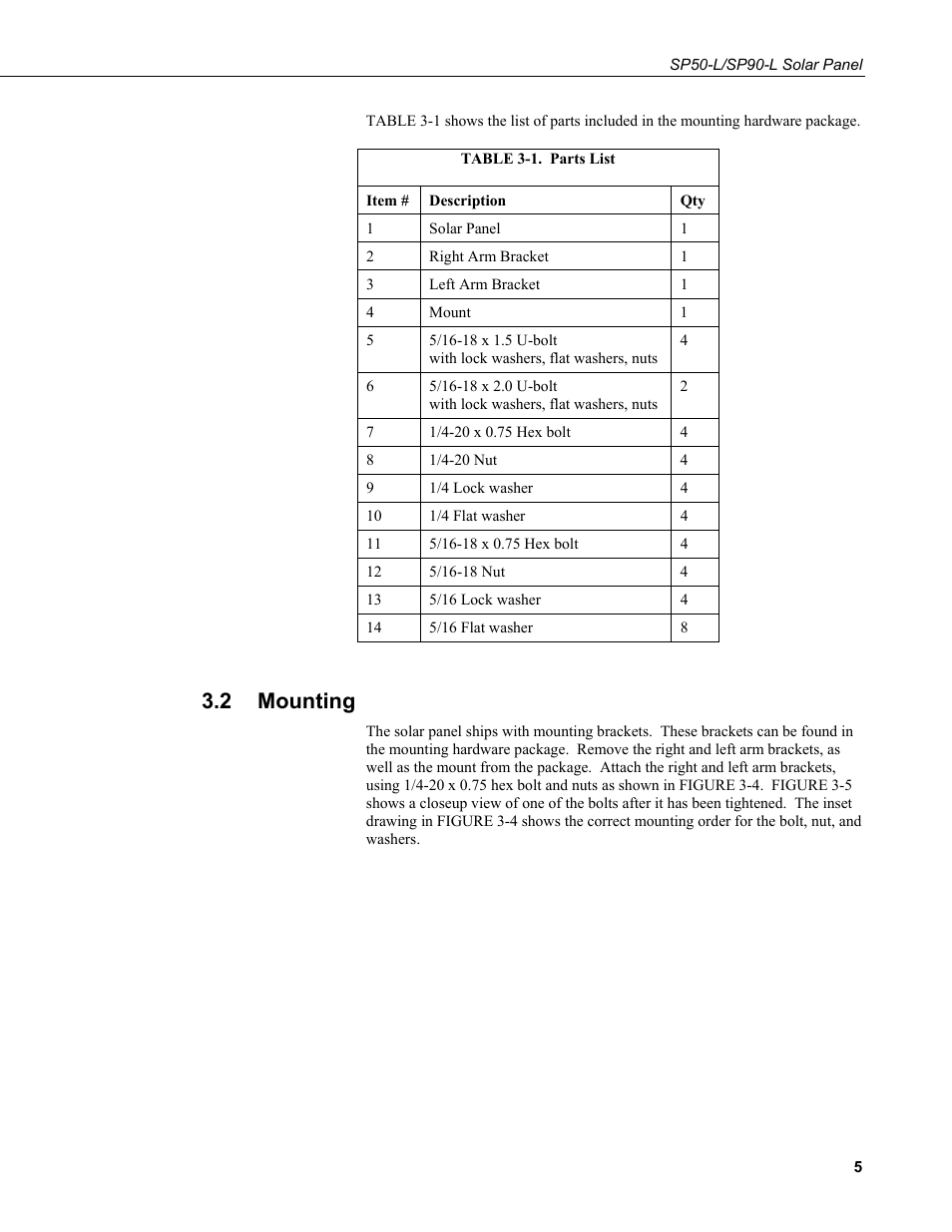 2 mounting, Mounting, 1. parts | List | Campbell Scientific SP50-L/SP90-L Solar Panel User Manual | Page 11 / 26