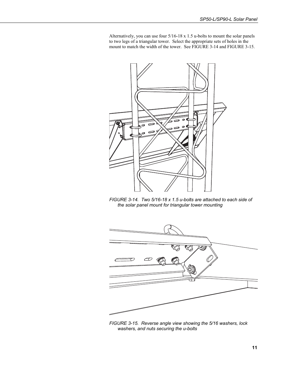 Panel mount for triangular tower mounting, And nuts securing the u-bolts | Campbell Scientific SP50-L/SP90-L Solar Panel User Manual | Page 17 / 26