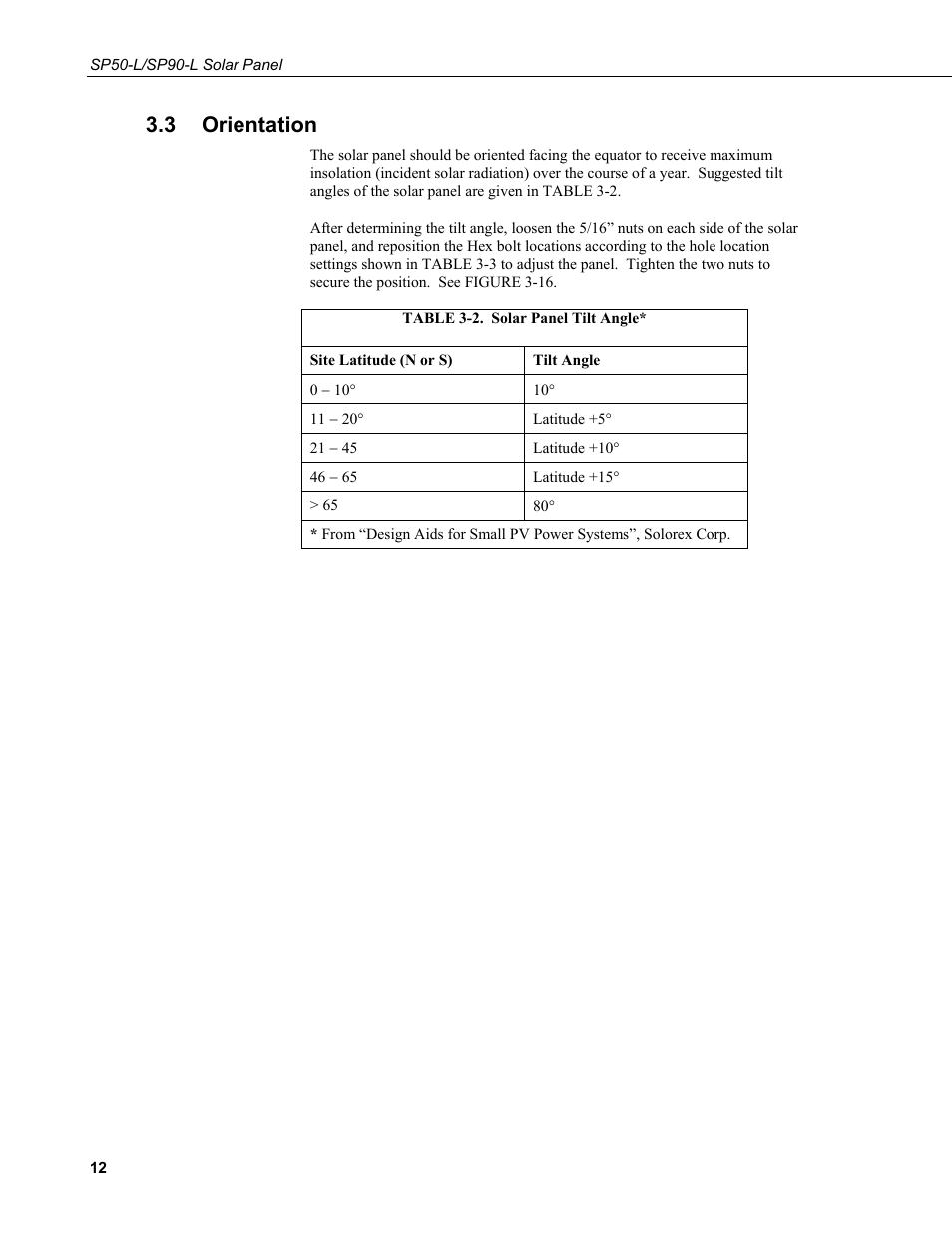 3 orientation, Orientation, 2. solar | Panel tilt angle | Campbell Scientific SP50-L/SP90-L Solar Panel User Manual | Page 18 / 26