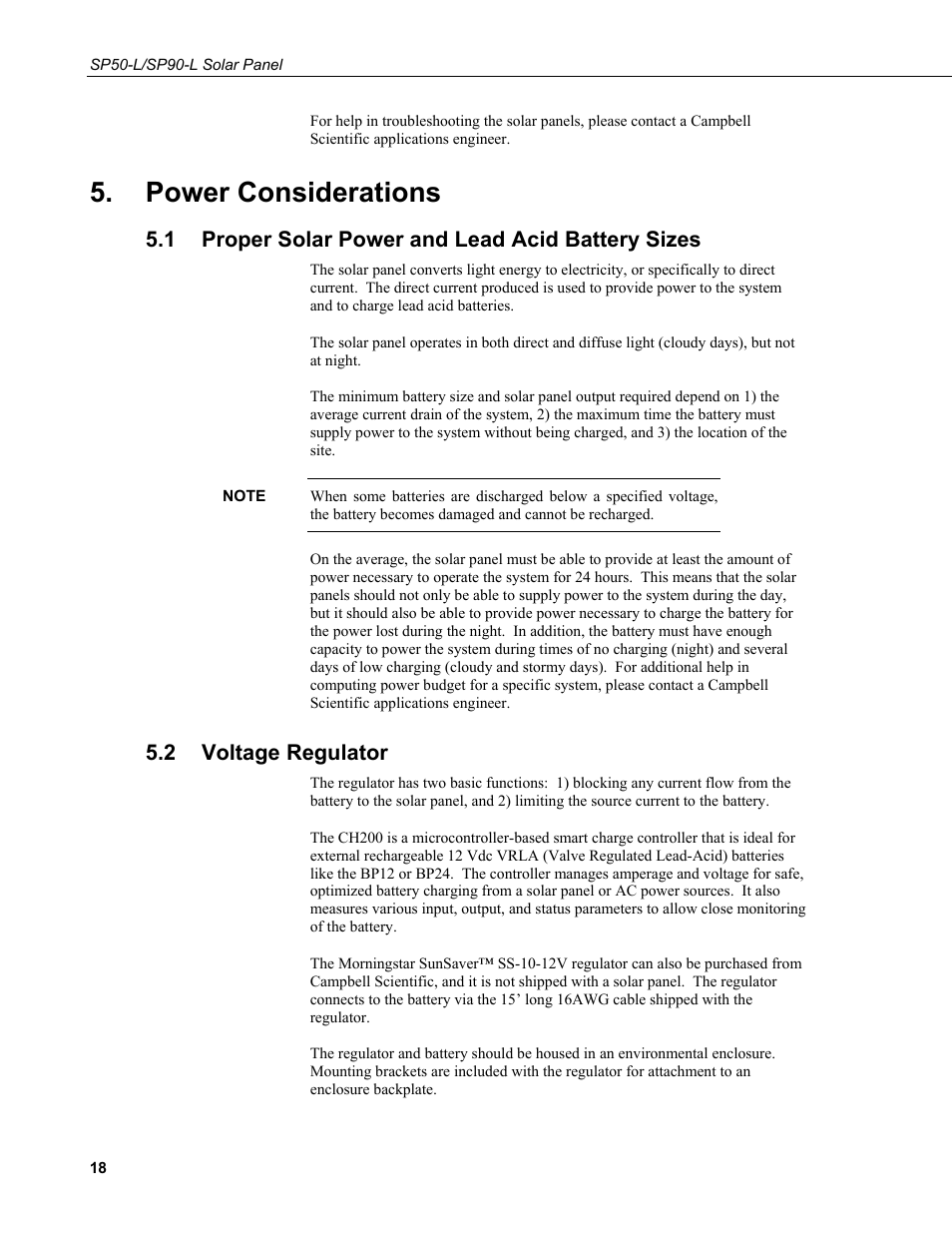 Power considerations, 1 proper solar power and lead acid battery sizes, 2 voltage regulator | Proper solar power and lead acid battery sizes, Voltage regulator | Campbell Scientific SP50-L/SP90-L Solar Panel User Manual | Page 24 / 26