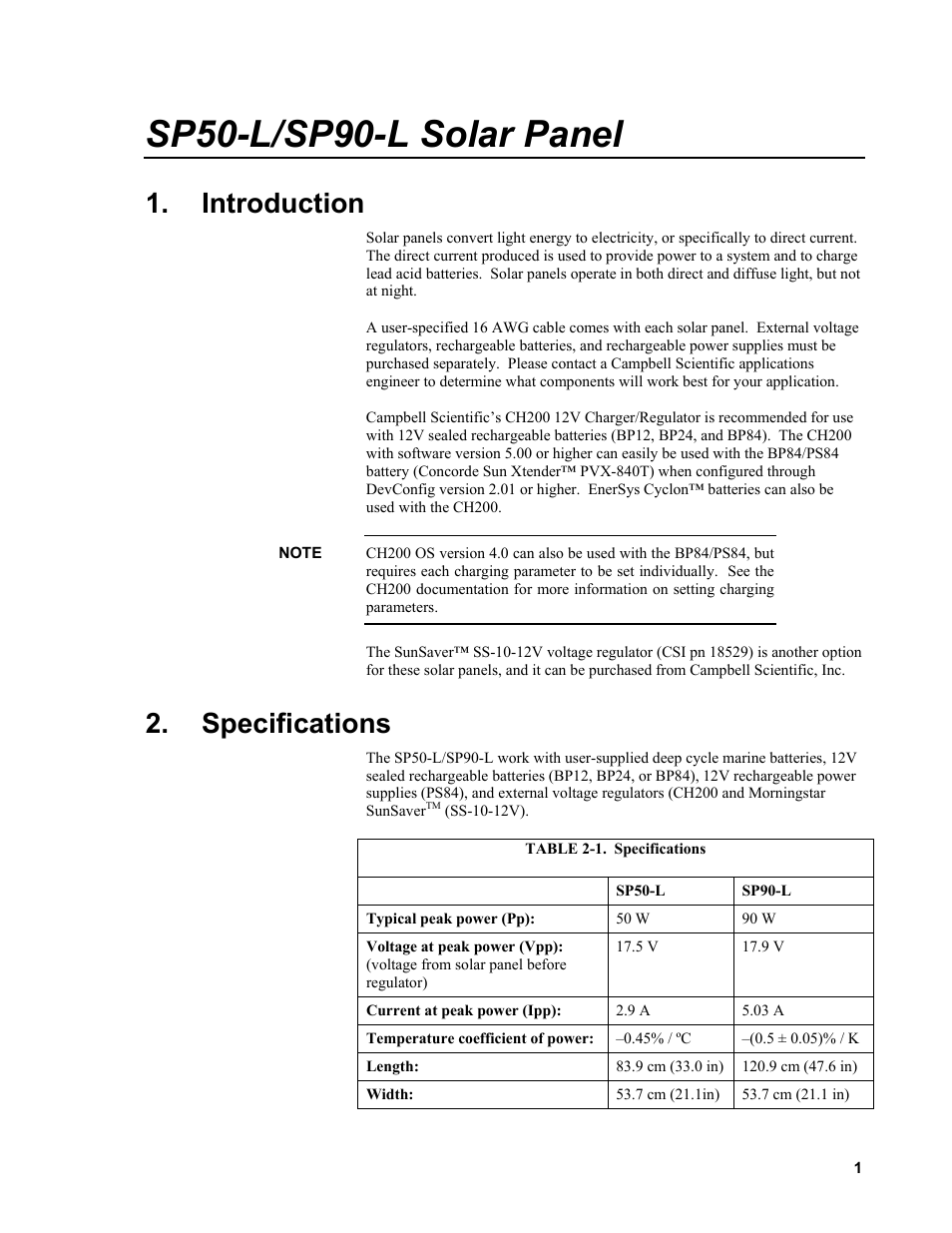 Introduction, Specifications, 1. specifications | Sp50-l/sp90-l solar panel | Campbell Scientific SP50-L/SP90-L Solar Panel User Manual | Page 7 / 26