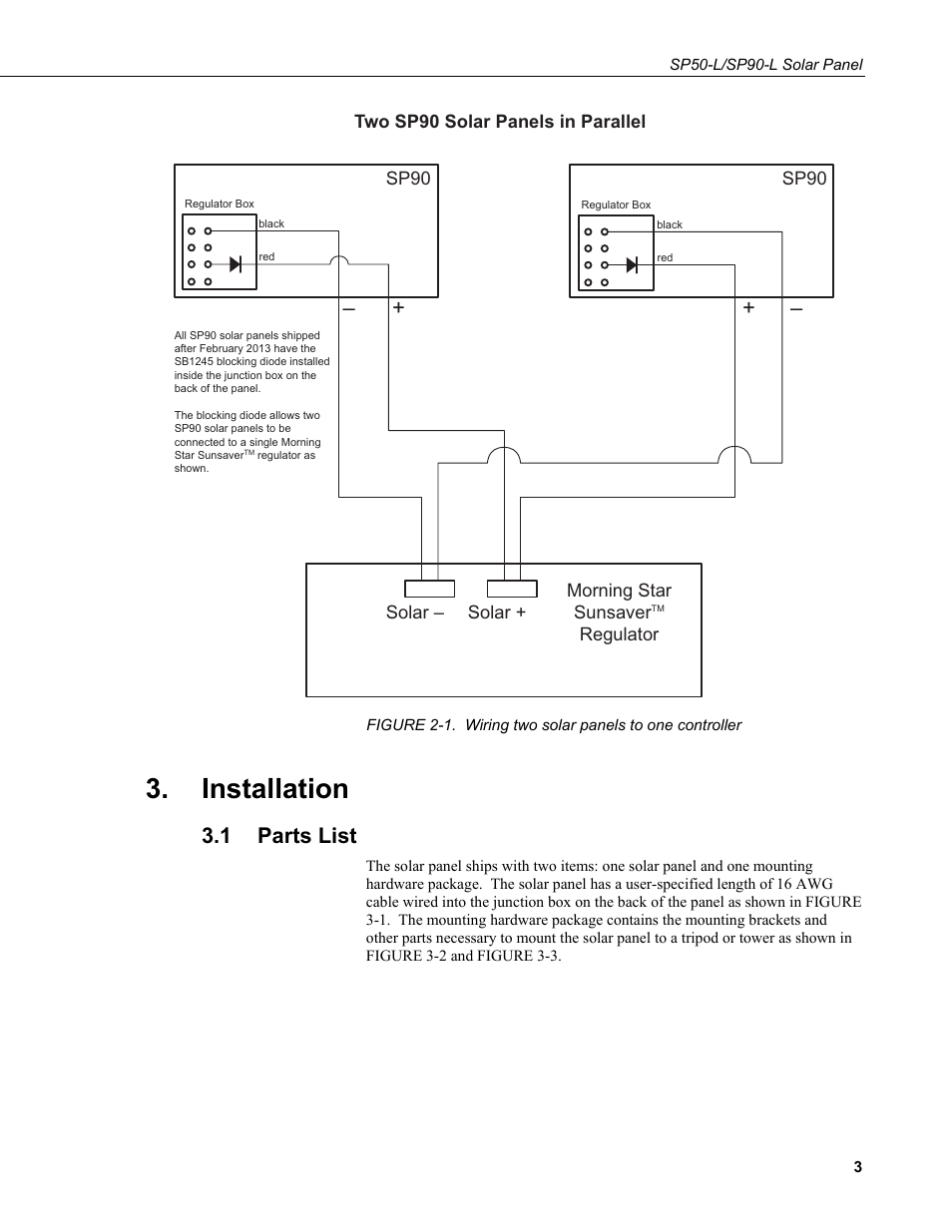 Installation, 1 parts list, Parts list | 1. wiring two solar panels to one controller | Campbell Scientific SP50-L/SP90-L Solar Panel User Manual | Page 9 / 26