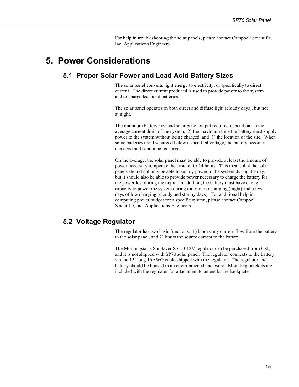 Power considerations, 1 proper solar power and lead acid battery sizes, 2 voltage regulator | Campbell Scientific SP70 Solar Panel User Manual | Page 19 / 22