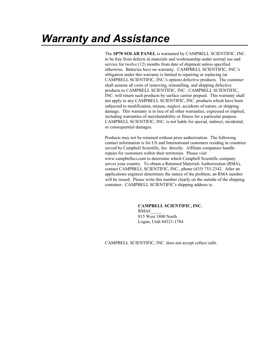 Warranty and assistance | Campbell Scientific SP70 Solar Panel User Manual | Page 2 / 22