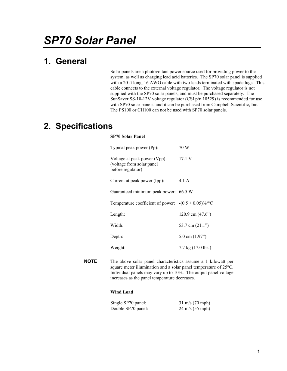 Sp70 solar panel, General, Specifications | Campbell Scientific SP70 Solar Panel User Manual | Page 5 / 22