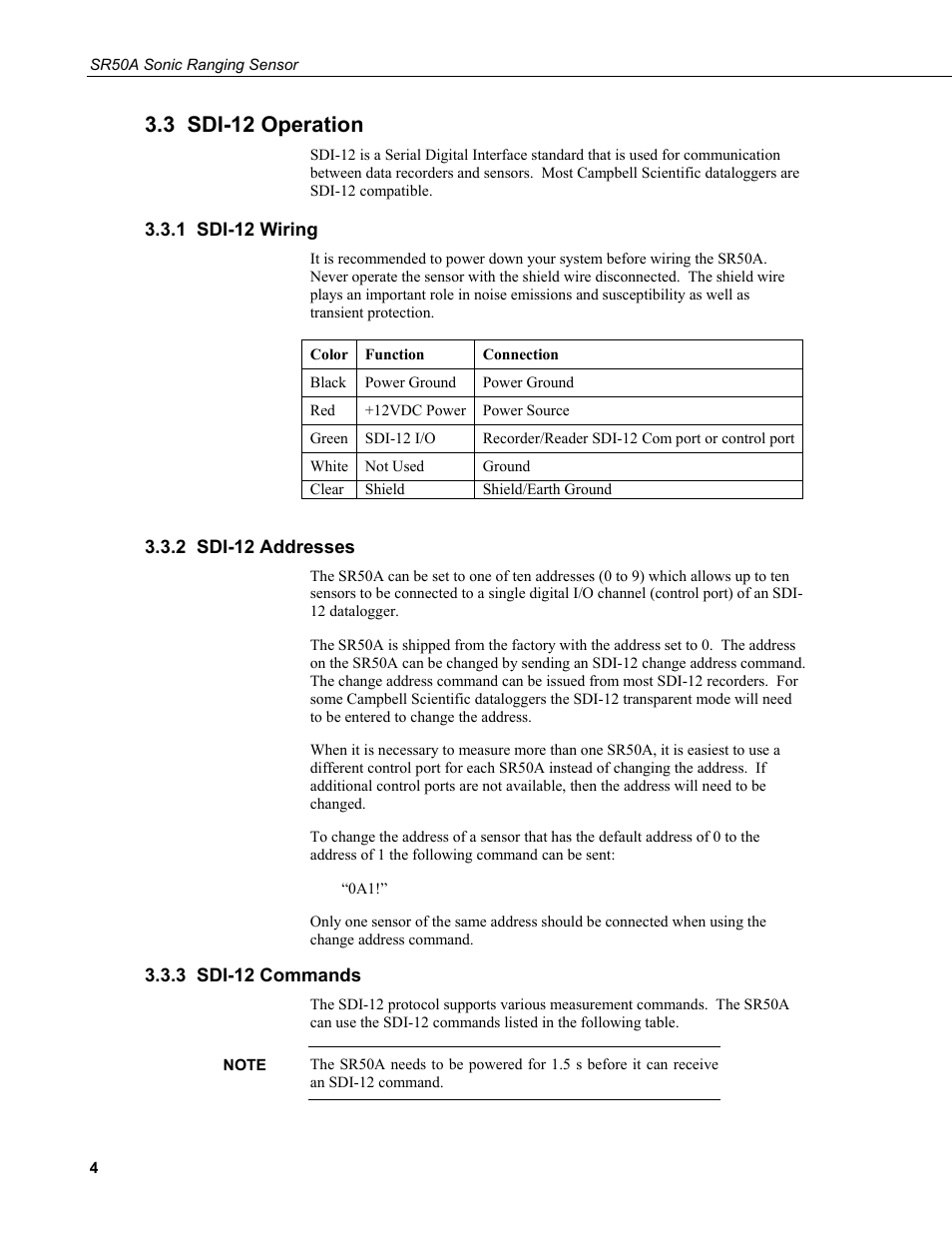 3 sdi-12 operation, 1 sdi-12 wiring, 2 sdi-12 addresses | 3 sdi-12 commands | Campbell Scientific SR50A Distance Sensor User Manual | Page 10 / 42