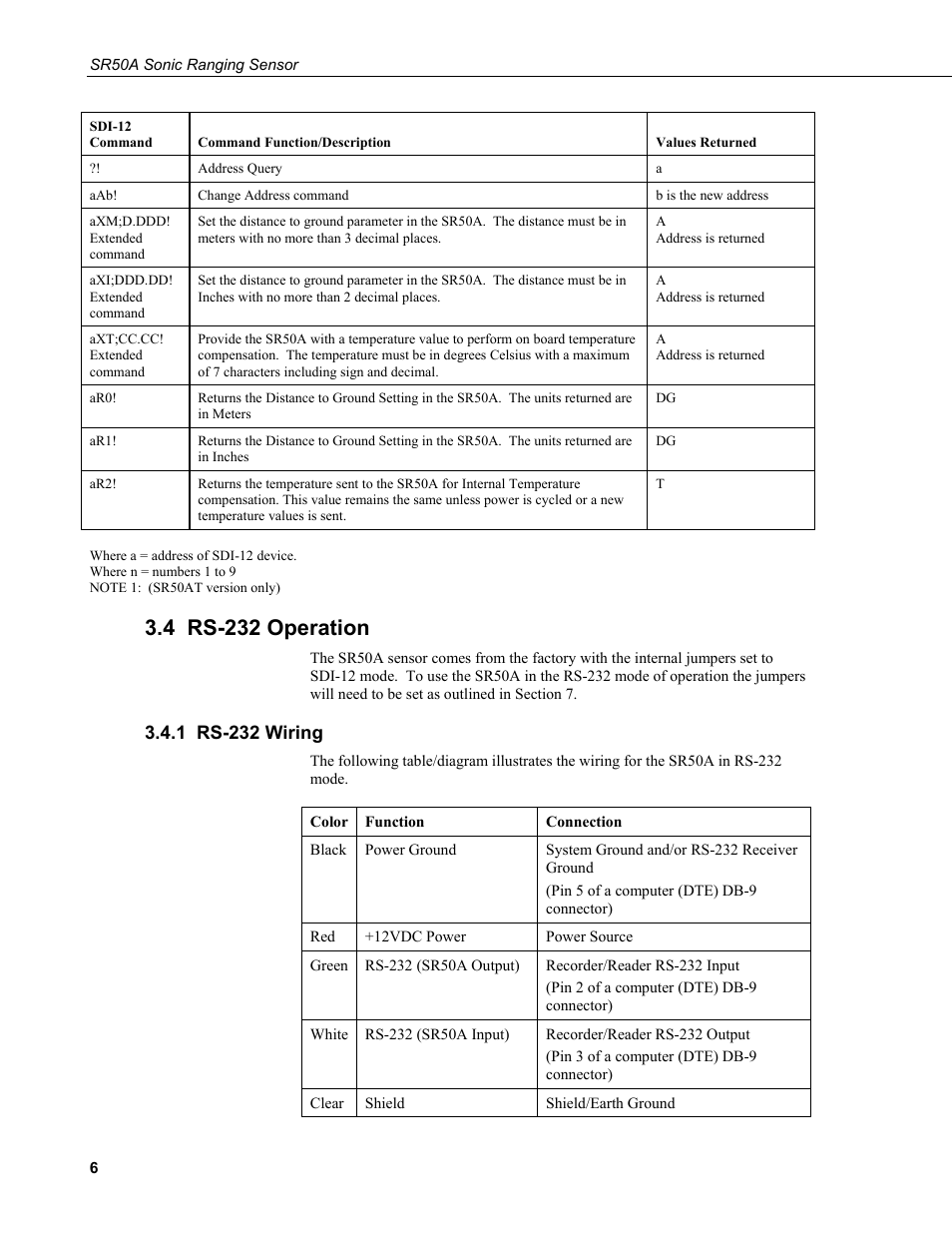 4 rs-232 operation, 1 rs-232 wiring | Campbell Scientific SR50A Distance Sensor User Manual | Page 12 / 42