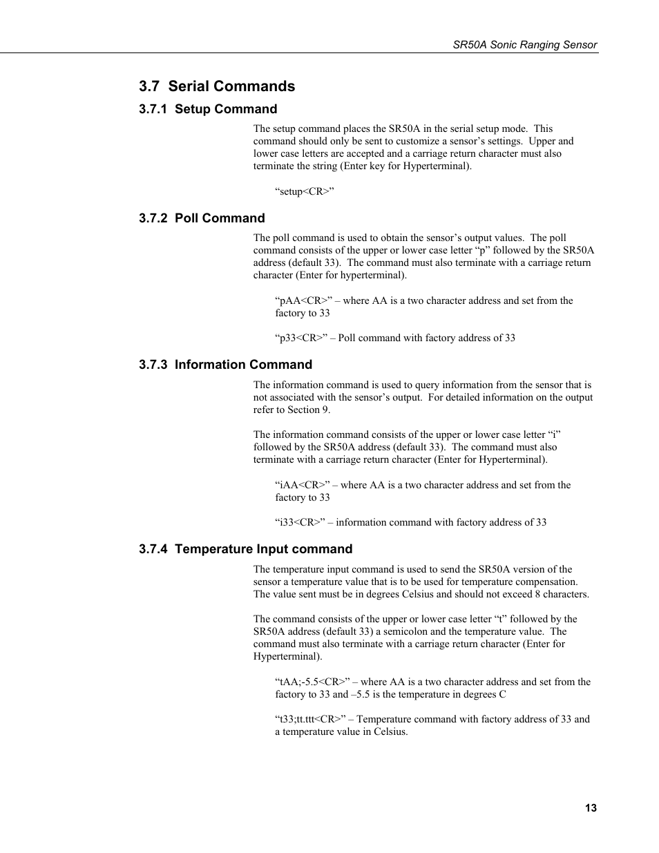 7 serial commands, 1 setup command, 2 poll command | 3 information command, 4 temperature input command | Campbell Scientific SR50A Distance Sensor User Manual | Page 19 / 42