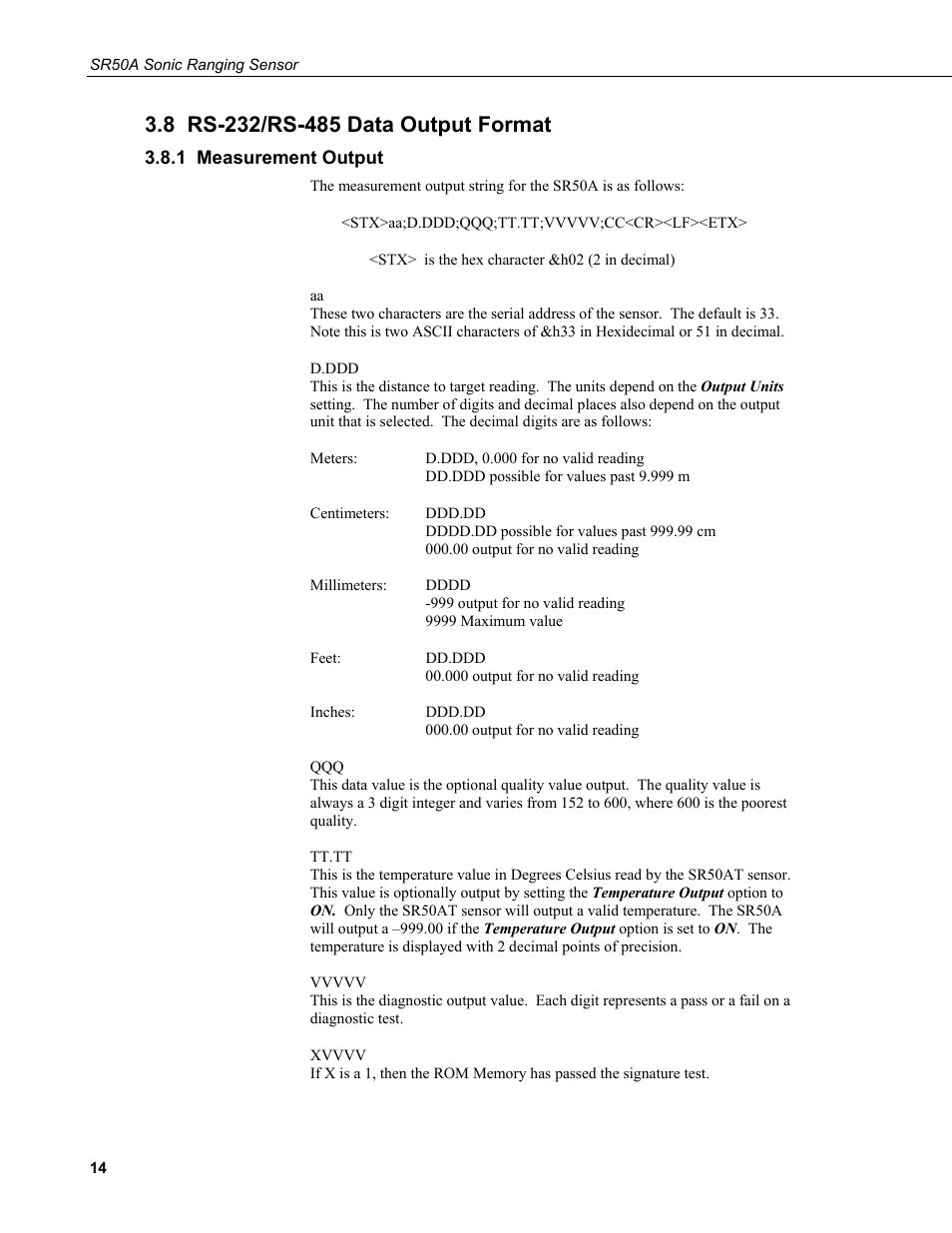 8 rs-232/rs-485 data output format, 1 measurement output | Campbell Scientific SR50A Distance Sensor User Manual | Page 20 / 42