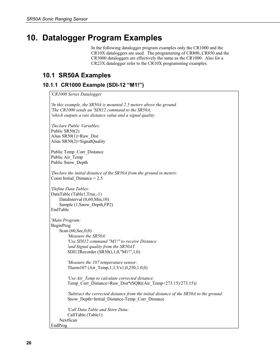 Datalogger program examples, 1 sr50a examples, 1 cr1000 example (sdi-12 “m1!”) | Campbell Scientific SR50A Distance Sensor User Manual | Page 32 / 42