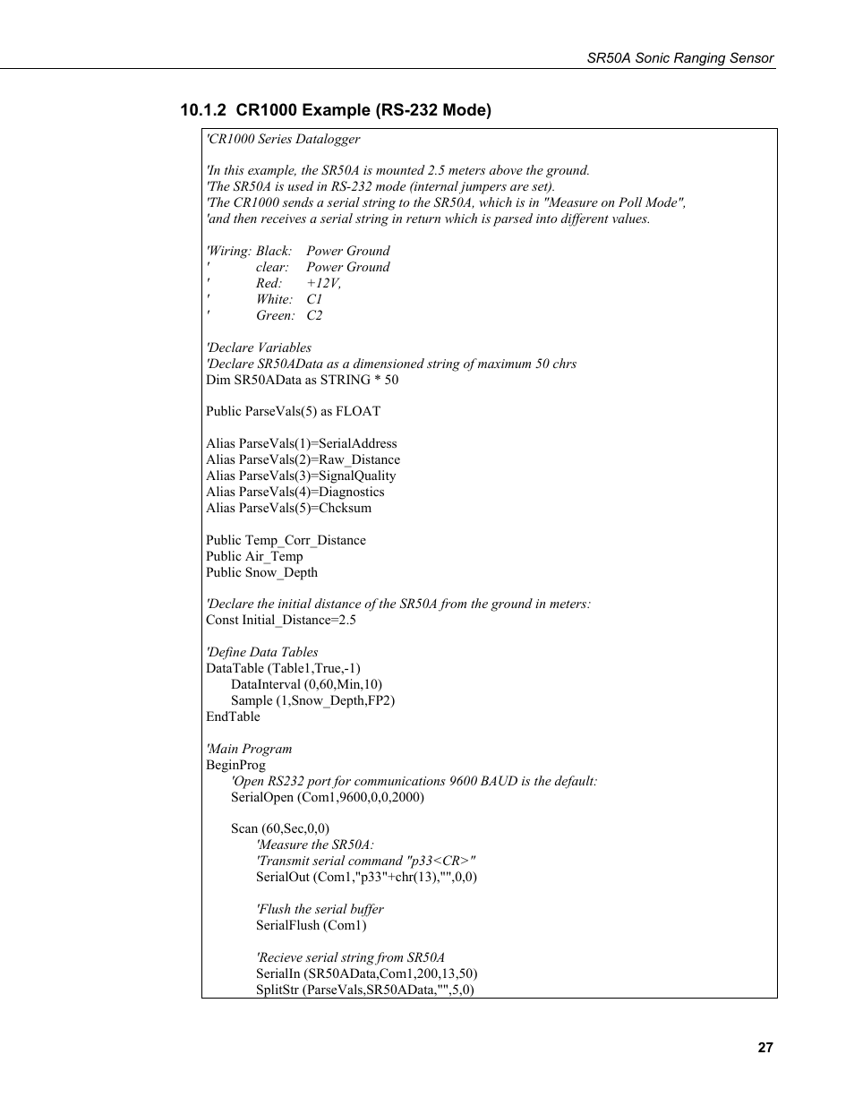 2 cr1000 example (rs-232 mode) | Campbell Scientific SR50A Distance Sensor User Manual | Page 33 / 42