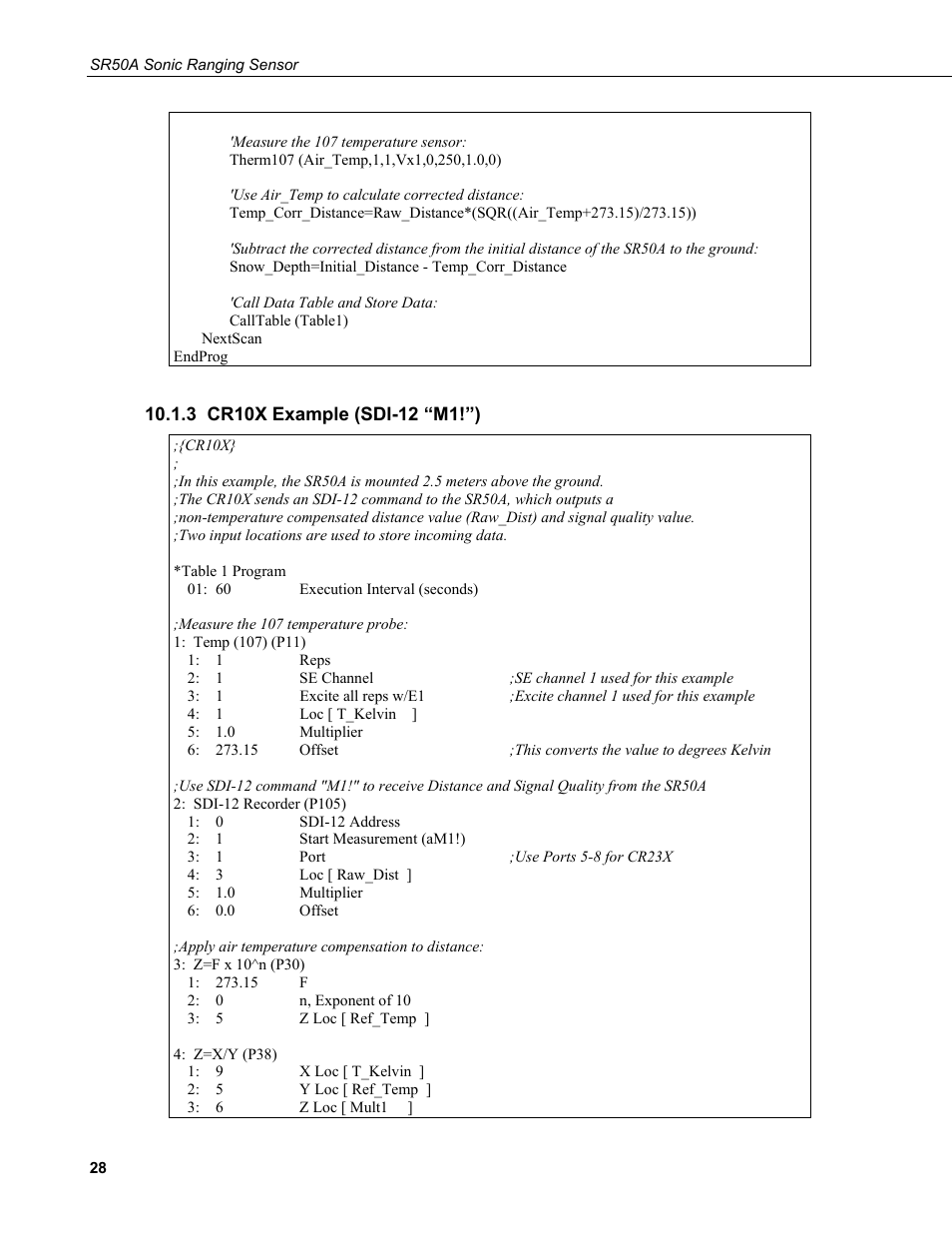 3 cr10x example (sdi-12 “m1!”) | Campbell Scientific SR50A Distance Sensor User Manual | Page 34 / 42