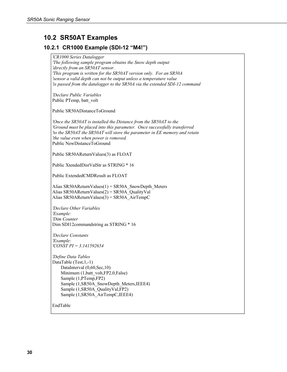 2 sr50at examples, 1 cr1000 example (sdi-12 “m4!”) | Campbell Scientific SR50A Distance Sensor User Manual | Page 36 / 42