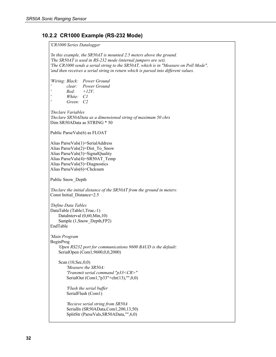 2 cr1000 example (rs-232 mode) | Campbell Scientific SR50A Distance Sensor User Manual | Page 38 / 42