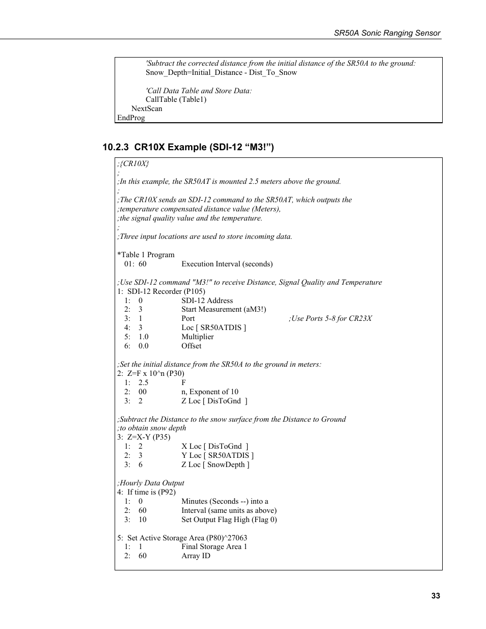 3 cr10x example (sdi-12 “m3!”) | Campbell Scientific SR50A Distance Sensor User Manual | Page 39 / 42