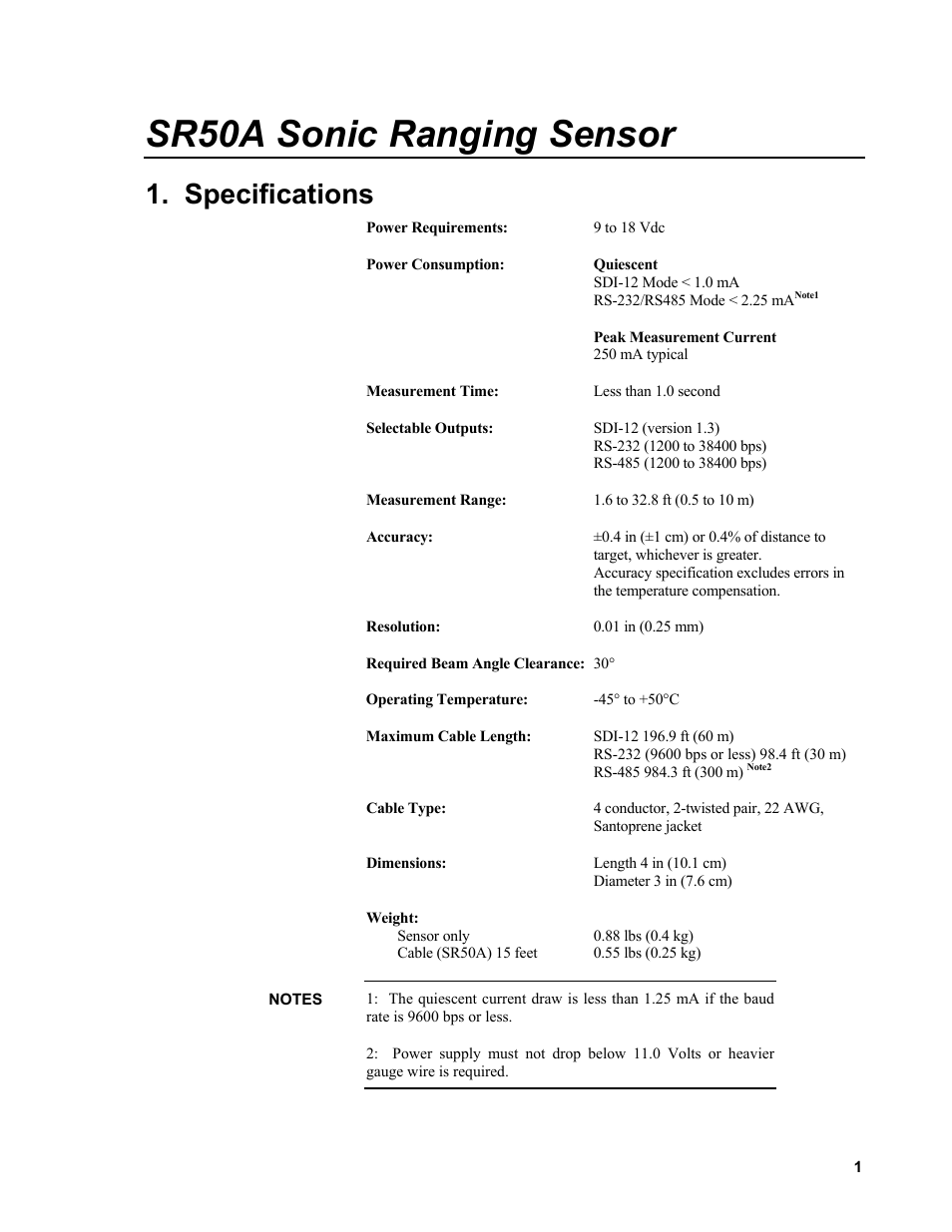 Sr50a sonic ranging sensor, Specifications | Campbell Scientific SR50A Distance Sensor User Manual | Page 7 / 42